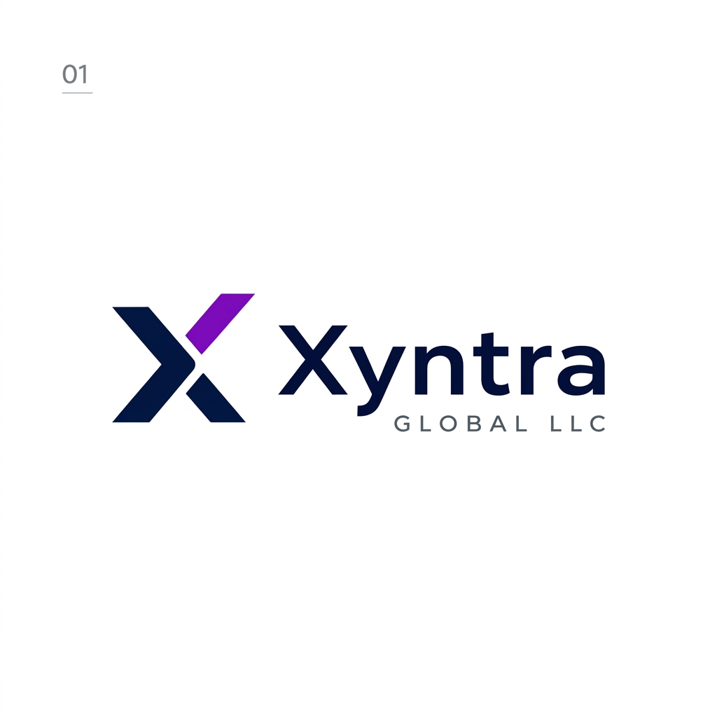 AI Design for Here’s the same Xyntra Global LLC logo design recreated in enterprise-grade vector style — flat, minimal, and professional, so it can be easily adapted into PSD, AI, EPS, or SVG formats by your design team.
Symbol: Stylized “X” formed by two geometric segments — navy and purple — creating a dynamic, modern mark.
Wordmark: Bold “Xyntra” in navy, with “GLOBAL LLC” beneath in smaller gray uppercase letters.
Style: Flat design, no gradients, scalable at favicon size, works in black & white.
Feel: Premium enterprise identity, closer to Infosys, CGI, and Accenture-level branding.
This version maintains the clean corporate look while aligning with the enterprise patterns you identified: simplicity, clarity, and recognizability.
Would you like me to now prepare three alternate enterprise-grade variations (Infosys-style, CGI-style, and Accenture-style) so you can compare them side by side with this design?