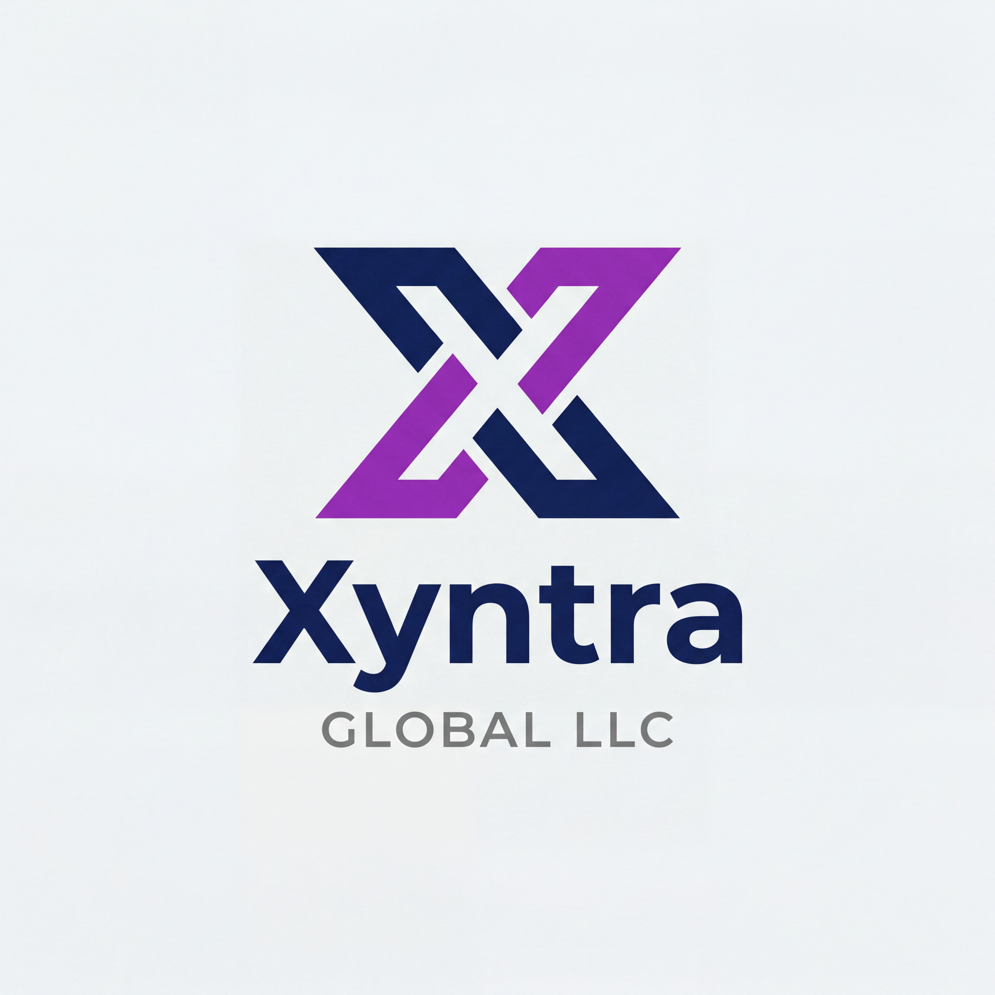 AI Design for A professional corporate logo design featuring a stylized 'X' icon composed of two interlocking geometric segments in navy blue and vibrant purple. Below the icon, the wordmark 'Xyntra' appears in a bold, clean sans-serif typeface in navy, with 'GLOBAL LLC' in smaller, minimalist gray uppercase letters. The design is strictly flat with no gradients, utilizing high-contrast vector aesthetics to ensure perfect scalability and readability in black and white or favicon sizes, evoking a premium, enterprise-grade brand identity.