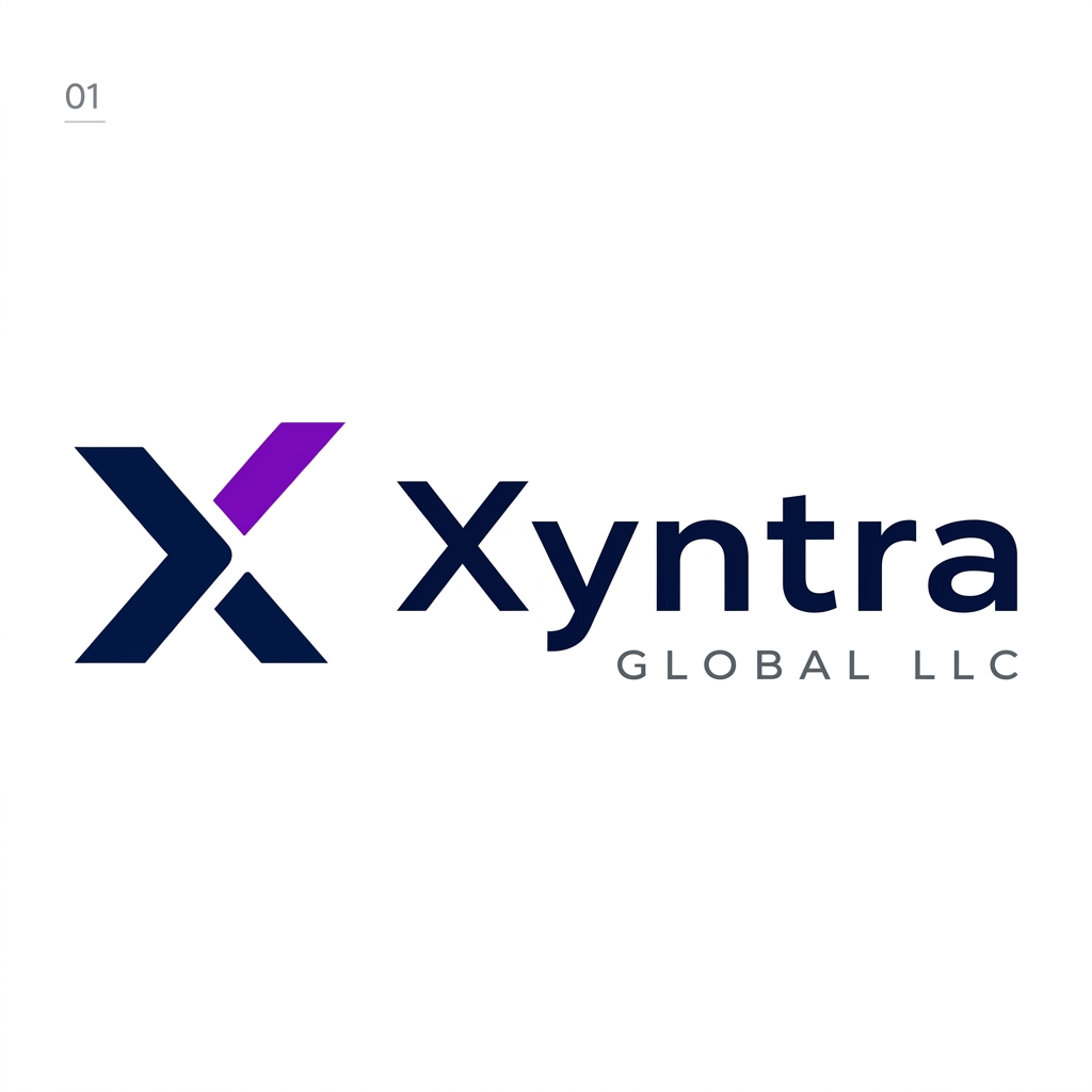 AI Design for Here’s the same Xyntra Global LLC logo design recreated in enterprise-grade vector style — flat, minimal, and professional, so it can be easily adapted into PSD, AI, EPS, or SVG formats by your design team.
Symbol: Stylized “X” formed by two geometric segments — navy and purple — creating a dynamic, modern mark.
Wordmark: Bold “Xyntra” in navy, with “GLOBAL LLC” beneath in smaller gray uppercase letters.
Style: Flat design, no gradients, scalable at favicon size, works in black & white.
Feel: Premium enterprise identity, closer to Infosys, CGI, and Accenture-level branding.
This version maintains the clean corporate look while aligning with the enterprise patterns you identified: simplicity, clarity, and recognizability.
Would you like me to now prepare three alternate enterprise-grade variations (Infosys-style, CGI-style, and Accenture-style) so you can compare them side by side with this design?