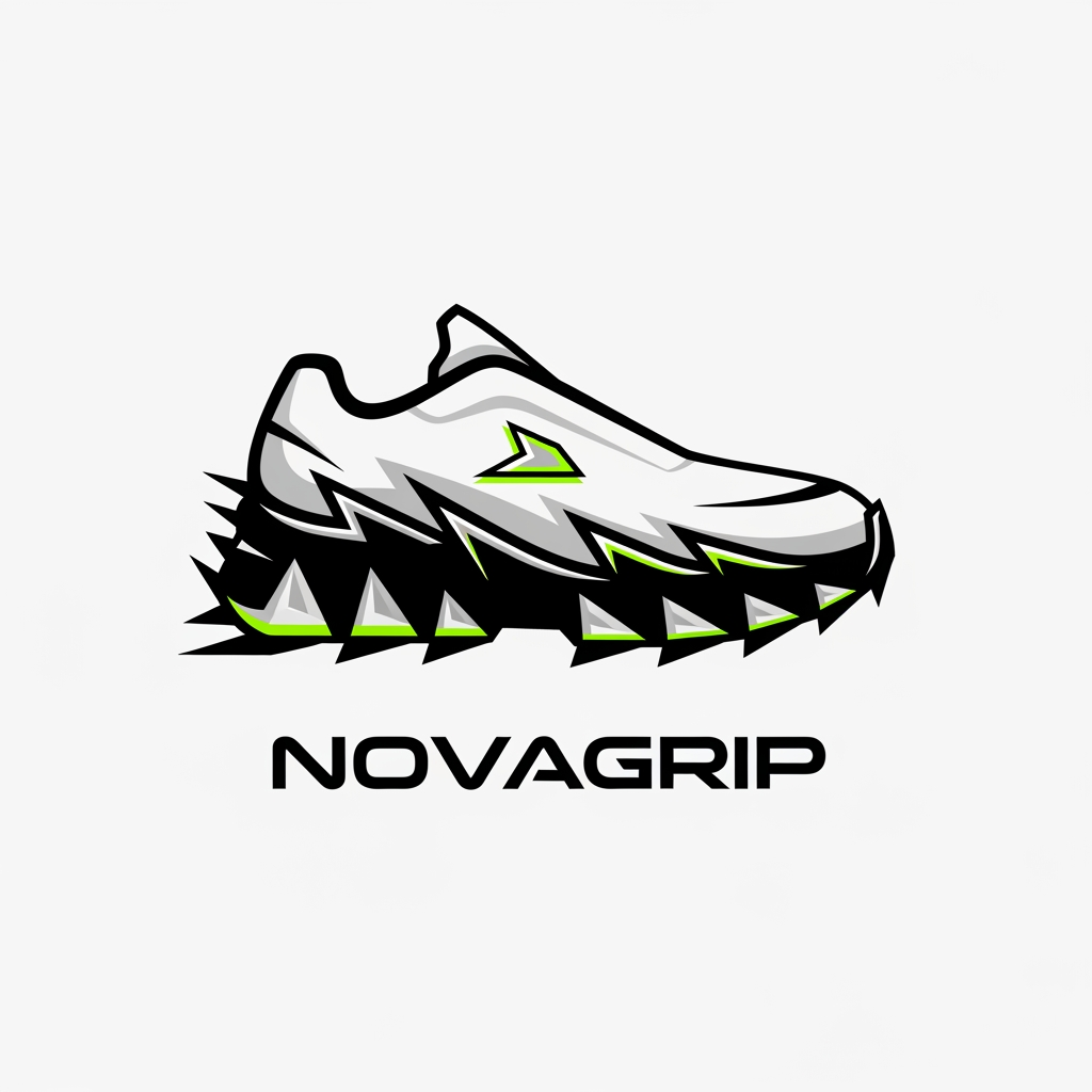 AI Design for “Create a bold, modern logo for a shoe grip product brand named ‘NOVAGRIP’. The design features a stylized sneaker or shoe silhouette with a rugged outsole. The bottom of the shoe should be black with strong grip lines resembling spikes or traction strips. The logo should feel sporty, powerful, and garage-inspired with a slightly industrial edge. Use a clean, futuristic sans-serif font for the name ‘NOVAGRIP’, integrated under or beside the icon. Color scheme: black, white, and subtle metallic or neon accent. The overall style should be minimal yet aggressive, suitable for athletic performance and durability branding.”