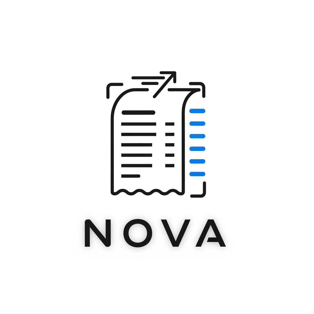 AI Design for 🎯 Logo Prompt (TrackIt NOVA)
“Create a modern minimalist logo for a smart receipt and warranty tracking app called ‘TrackIt’. The design should feature a stylized receipt or document icon with clean horizontal lines representing data and transactions. The icon should feel slightly tilted or dynamic to suggest motion and scanning. Above or integrated into the icon, subtly represent the idea of tracking and organization. Below the icon, place the word ‘NOVA’ in bold, futuristic sans-serif typography. The design should feel sleek, intelligent, and tech-focused, representing AI-powered financial tracking. Use a color palette of black, white, and electric blue or teal accents. The overall style should be clean, professional, and suitable for a startup app.”