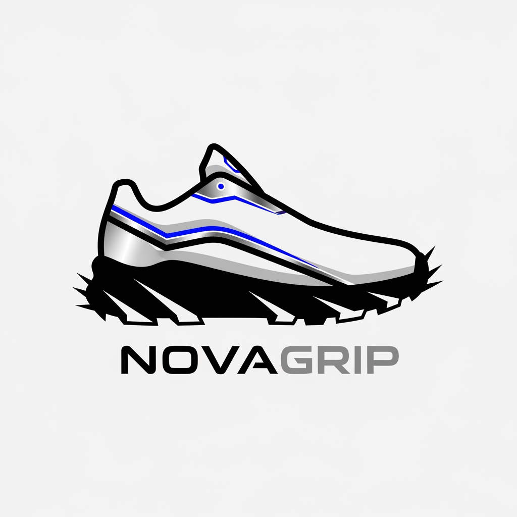 AI Design for “Create a bold, modern logo for a shoe grip product brand named ‘NOVAGRIP’. The design features a stylized sneaker or shoe silhouette with a rugged outsole. The bottom of the shoe should be black with strong grip lines resembling spikes or traction strips. The logo should feel sporty, powerful, and garage-inspired with a slightly industrial edge. Use a clean, futuristic sans-serif font for the name ‘NOVAGRIP’, integrated under or beside the icon. Color scheme: black, white, and subtle metallic or neon accent. The overall style should be minimal yet aggressive, suitable for athletic performance and durability branding.”