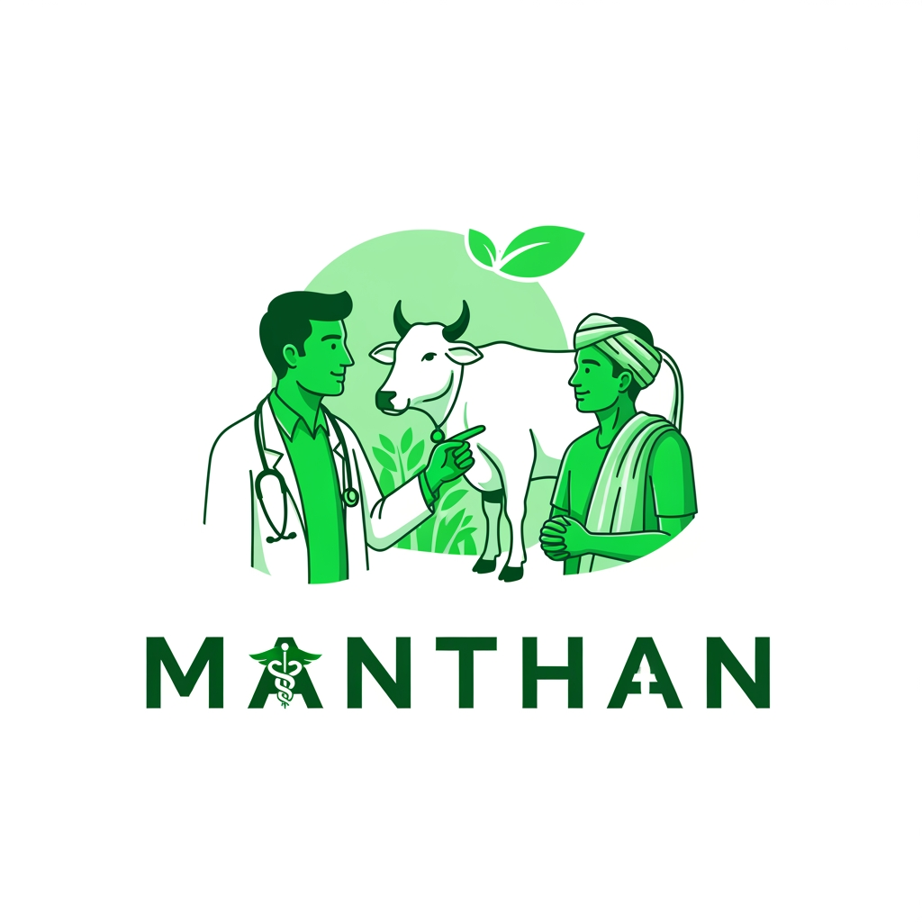 AI Design for I need a green-colored logo featuring a doctor and a villager discussing animal health; the name of the logo will be 'Manthan'.