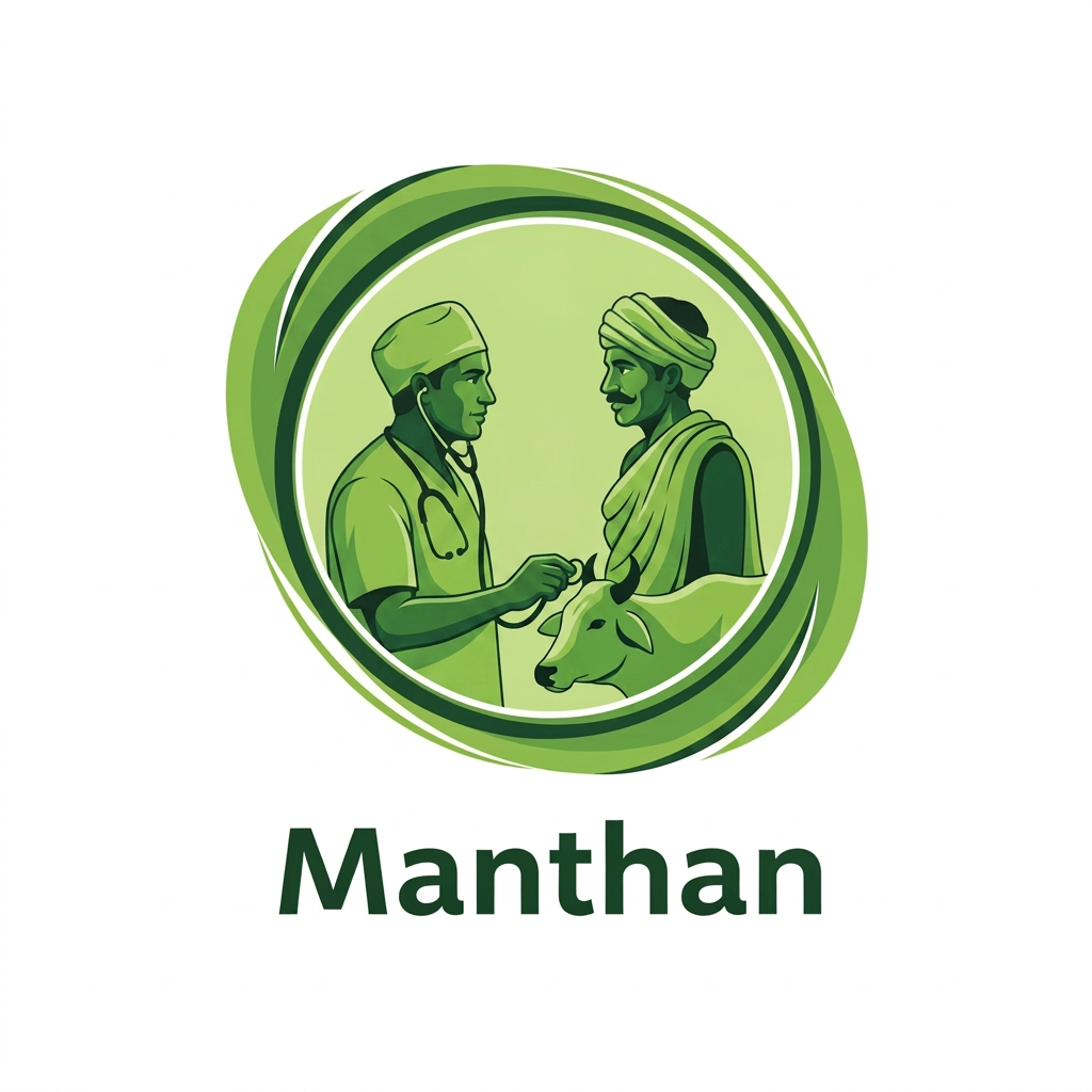 AI Design for I need a green-colored logo featuring a doctor and a villager discussing animal health; the name of the logo will be 'Manthan'.
