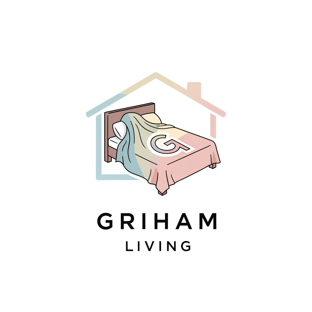 AI Design for brand name griham living make a logo category bedsheet dohar etc use pastel colours with bedroom n bedsheet with intial in house