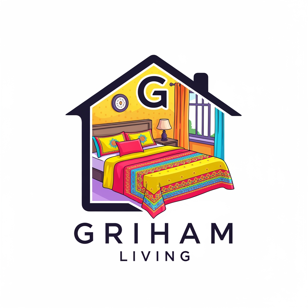 AI Design for brand name griham living make a logo category bedsheet dohar etc use bright colours with bedroom n bedsheet with intial in house