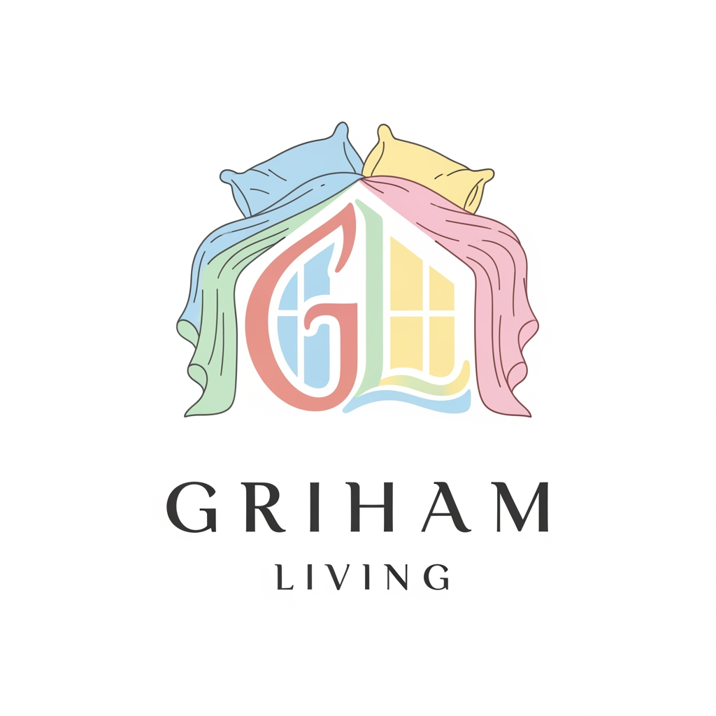 AI Design for brand name griham living make a logo category bedsheet dohar etc use pastel colours with bedroom n bedsheet with intial in house p