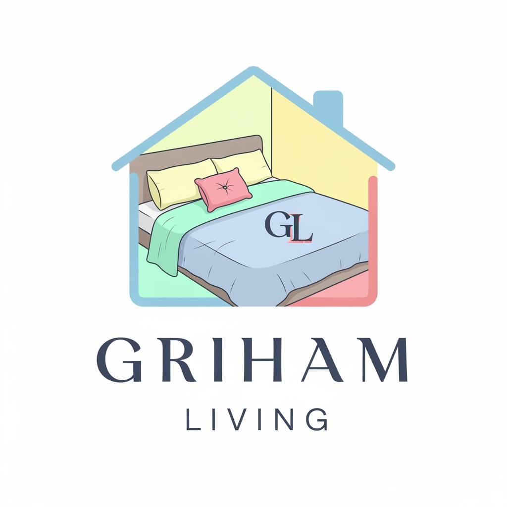 AI Design for brand name griham living make a logo category bedsheet dohar etc use pastel colours with bedroom n bedsheet with intial in house
