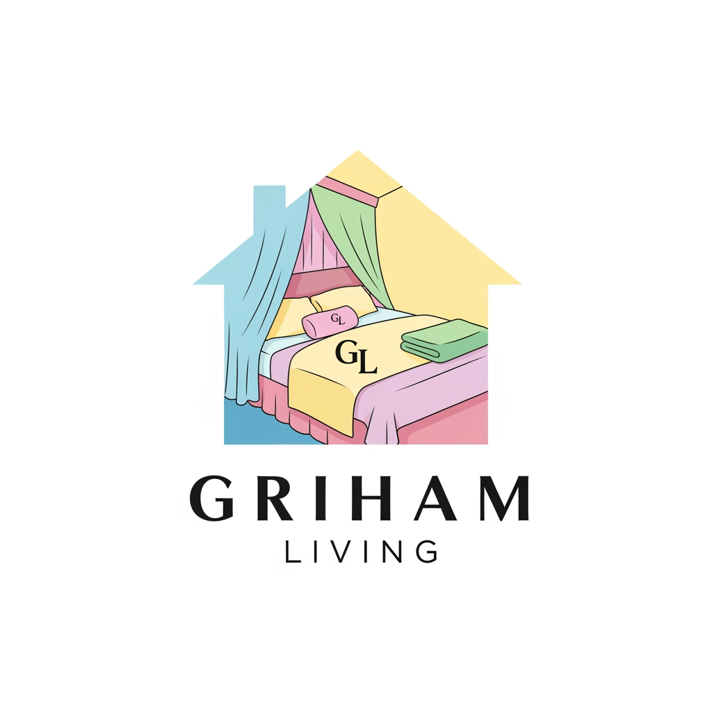 AI Design for brand name griham living make a logo category bedsheet dohar etc use pastel colours with bedroom n bedsheet with intial in house