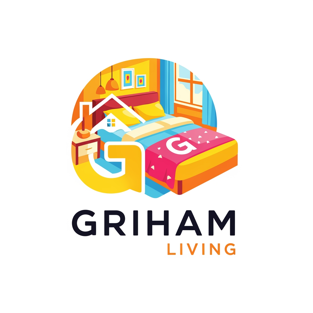 AI Design for brand name griham living make a logo category bedsheet dohar etc use bright colours with bedroom n bedsheet with intial in house