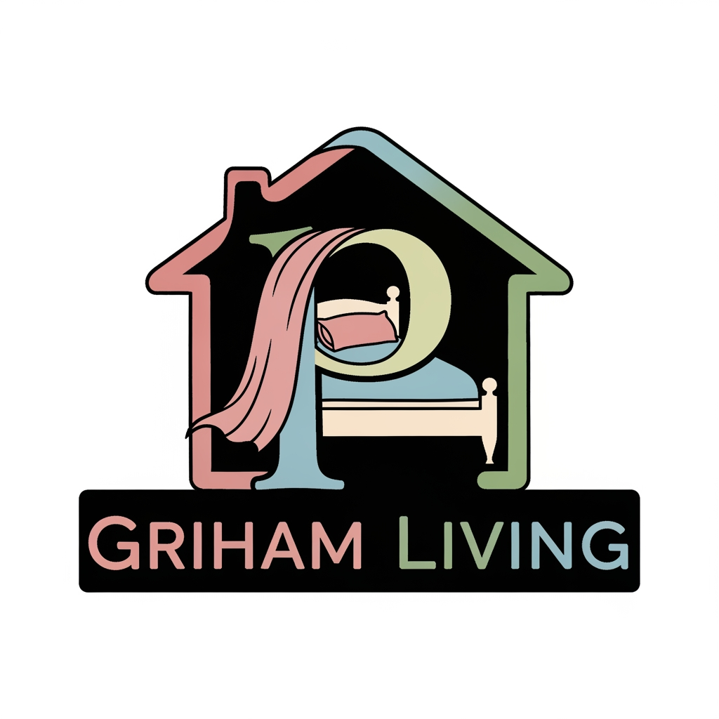 AI Design for brand name griham living make a logo category bedsheet dohar etc use pastel colours with bedroom n bedsheet with intial in house p