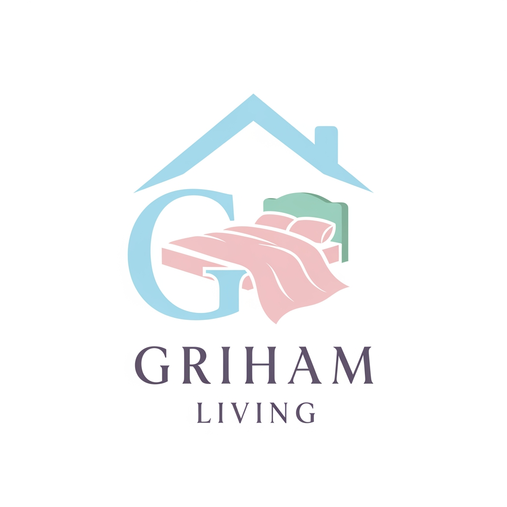 AI Design for brand name griham living make a logo category bedsheet dohar etc use pastel colours with bedroom n bedsheet with intial in house p