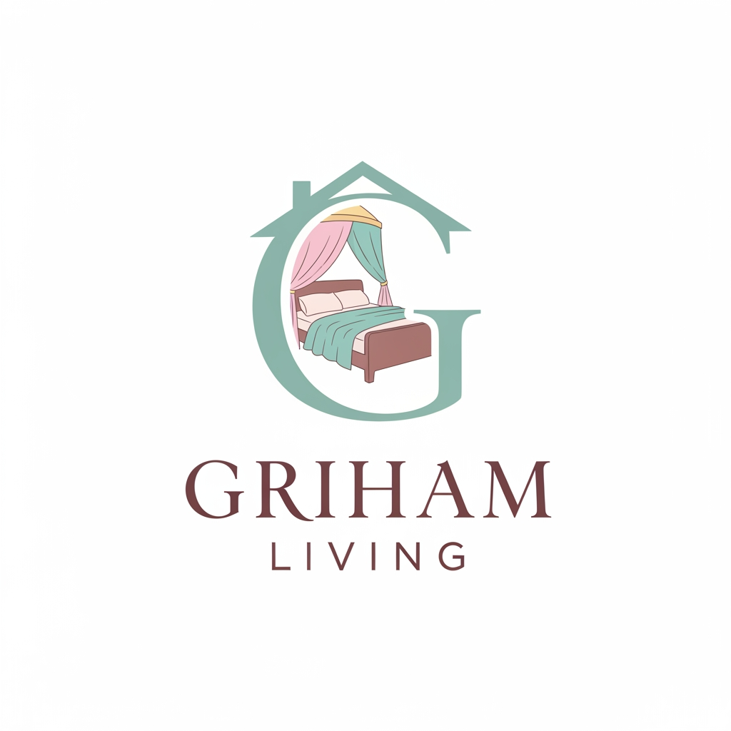 AI Design for brand name griham living make a logo category bedsheet dohar etc use pastel colours with bedroom n bedsheet with intial in house
