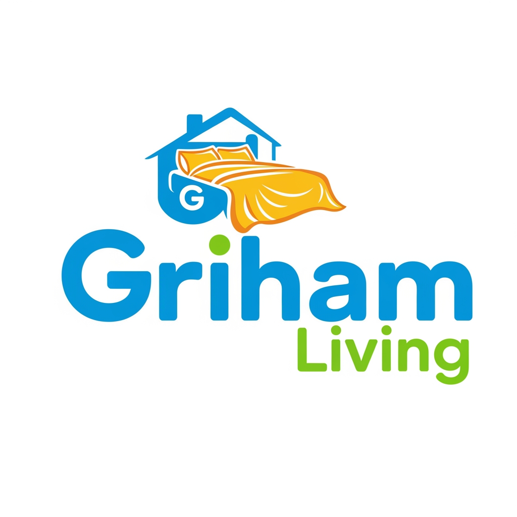 AI Design for brand name griham living make a logo category bedsheet dohar etc use bright colours with bedroom n bedsheet with intial in house