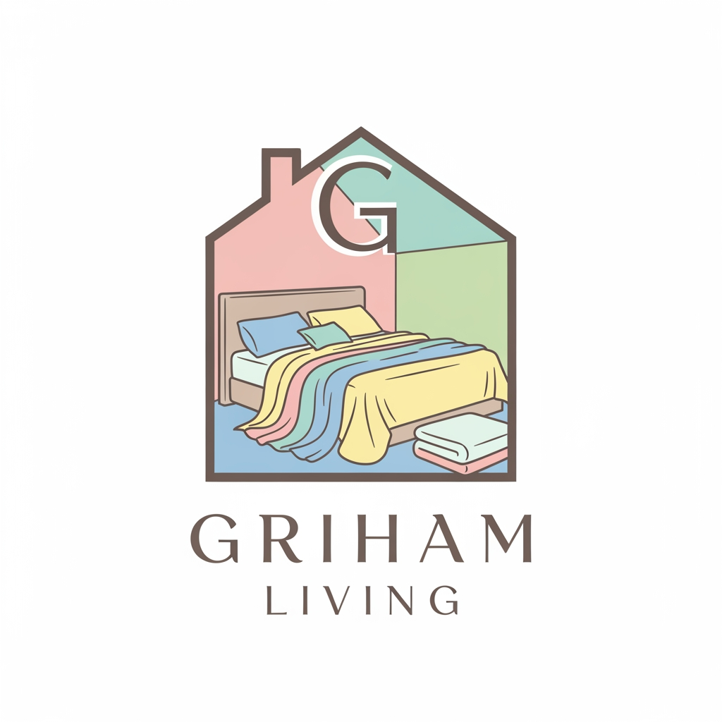 AI Design for brand name griham living make a logo category bedsheet dohar etc use pastel colours with bedroom n bedsheet with intial in house