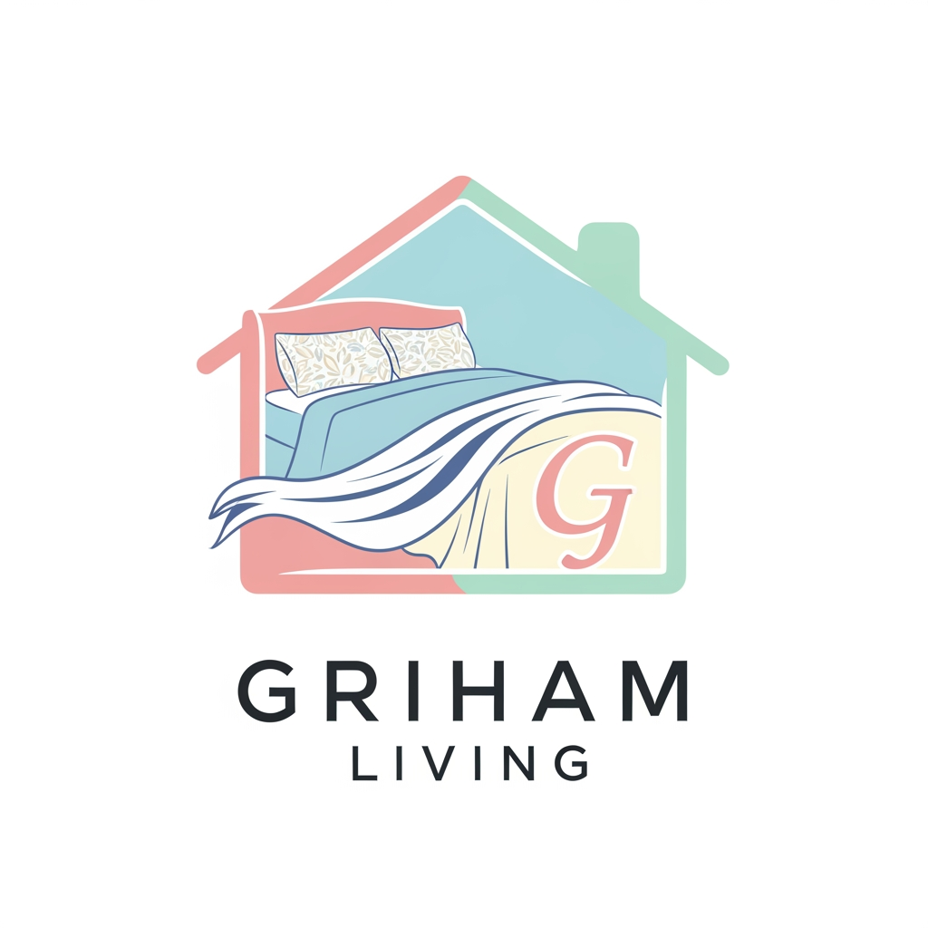 AI Design for brand name griham living make a logo category bedsheet dohar etc use pastel colours with bedroom n bedsheet with intial in house