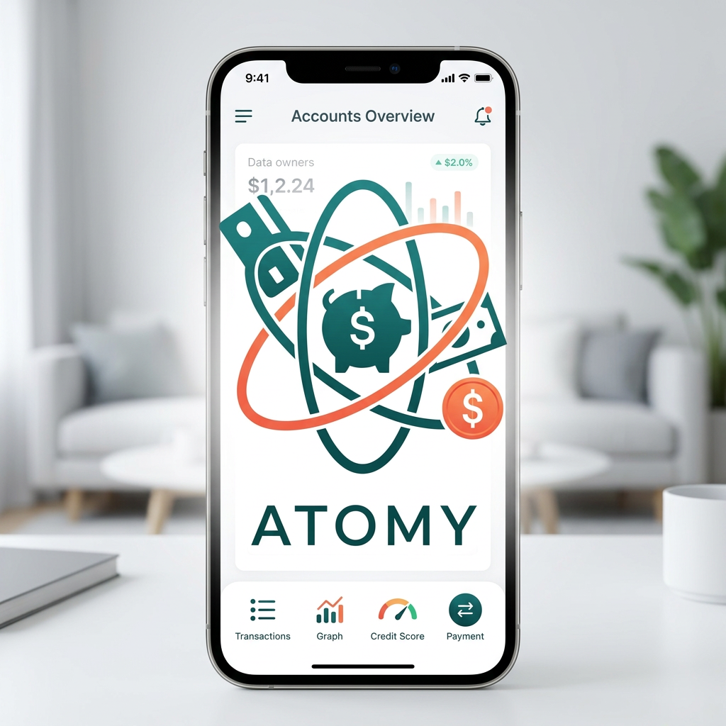 AI Design for create a logo and theme for mobile app which manages finacial transactions like bank transaction, credit card and loan, Name of the app is Atomy, make a simpler