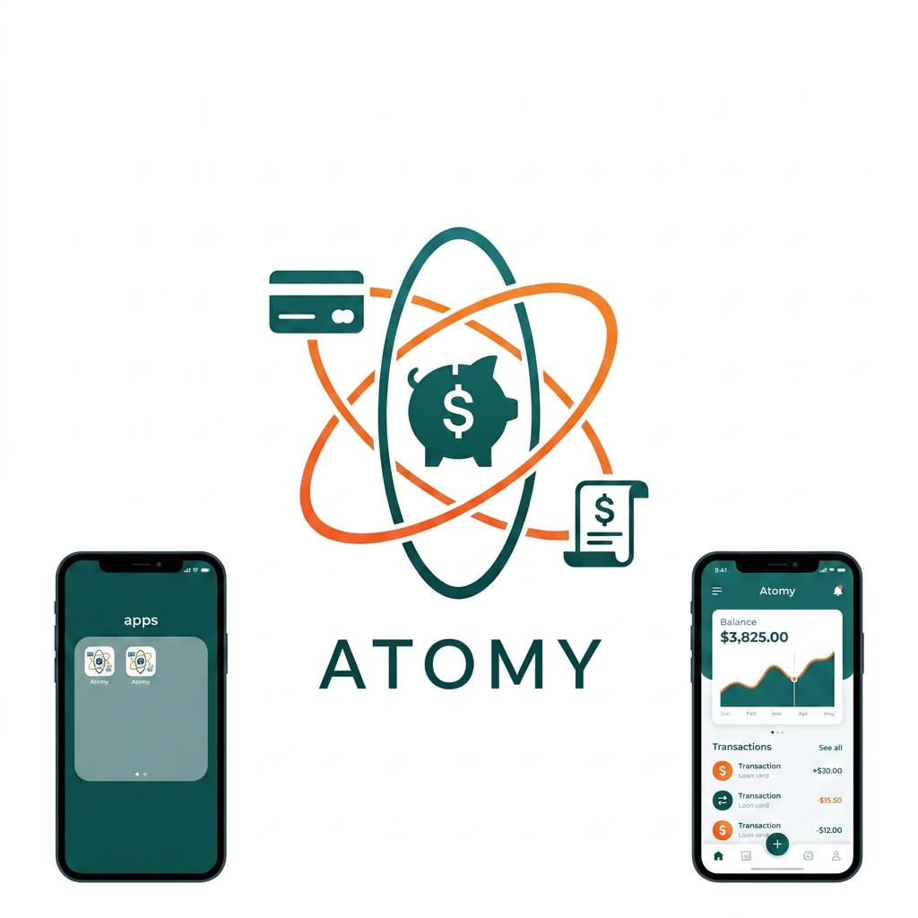 AI Design for create a logo and theme for mobile app which manages finacial transactions like bank transaction, credit card and loan, Name of the app is Atomy, make a simpler