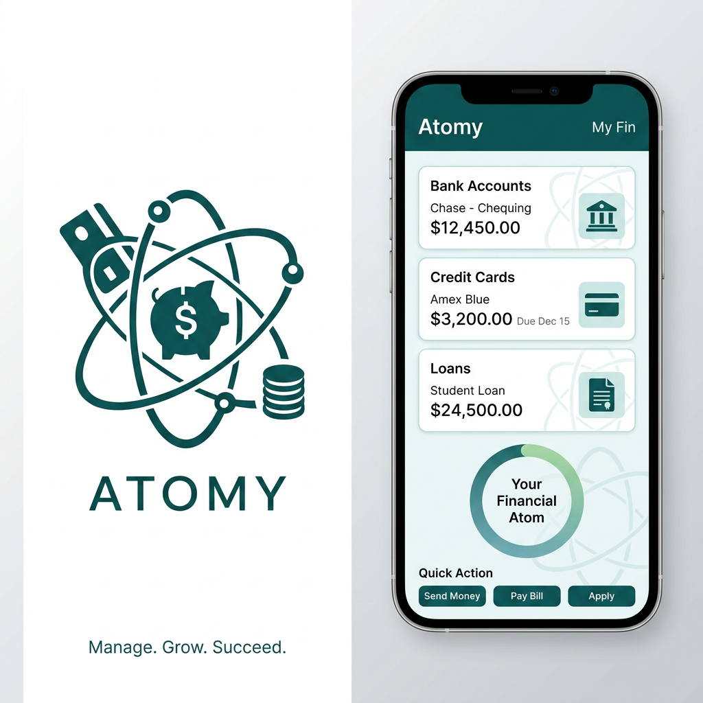 AI Design for create a logo and theme for mobile app which manages finacial transactions like bank transaction, credit card and loan, Name of the app is Atomy, make a simpler