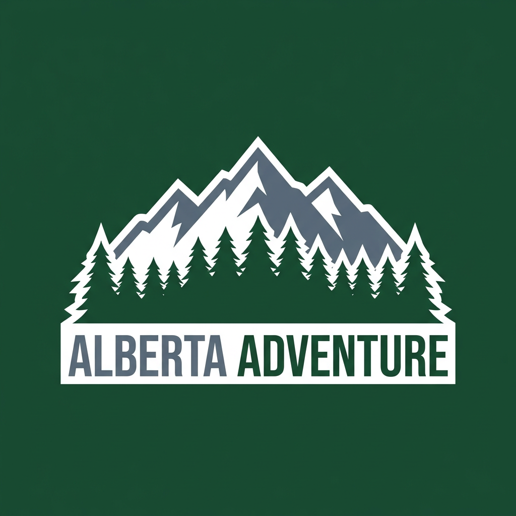 AI Design for A minimalist and modern logo design for Alberta Adventure, featuring a stylized mountain silhouette integrated with a pine forest. Use a clean, professional color palette of deep evergreen, slate grey, and crisp white to evoke a sense of rugged exploration. The vector-style graphic should be balanced, symmetrical, and scalable, set against a solid background for maximum impact.