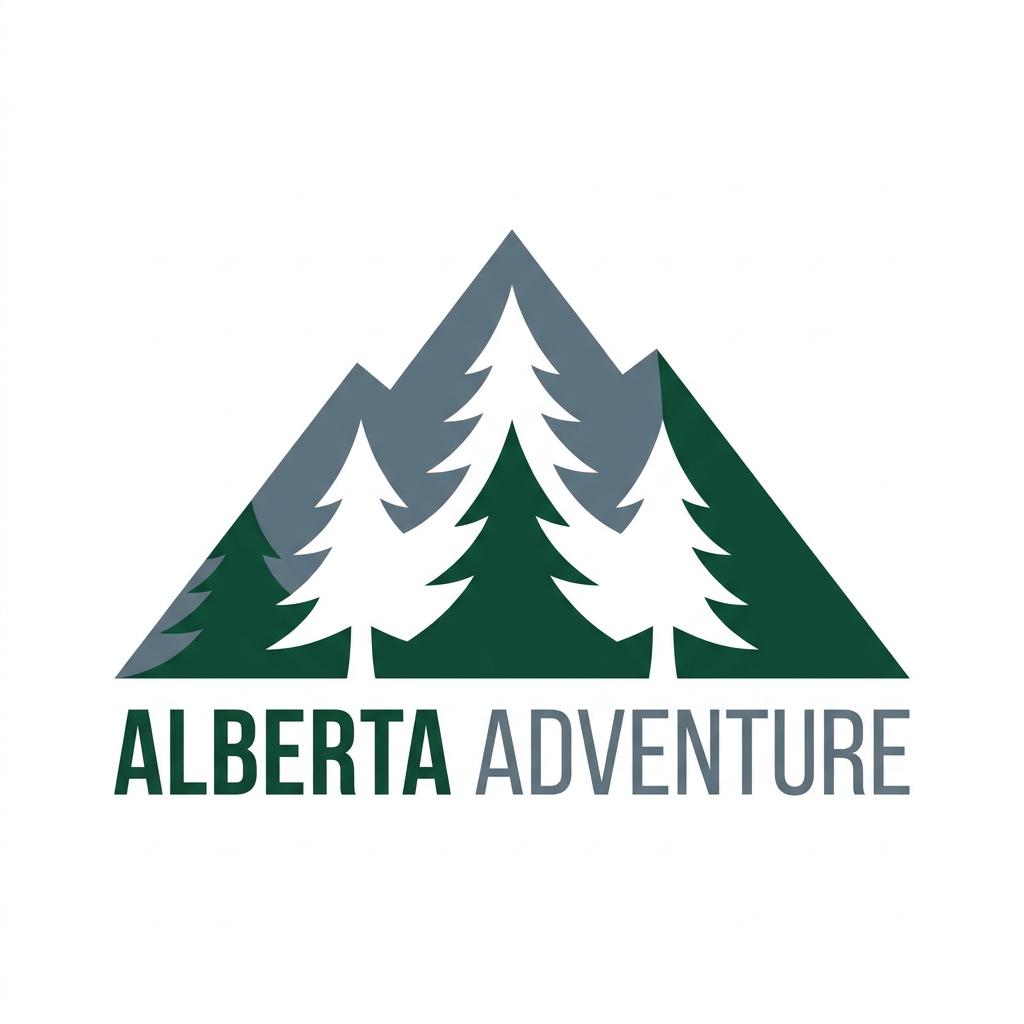 AI Design for A minimalist and modern logo design for Alberta Adventure, featuring a stylized mountain silhouette integrated with a pine forest. Use a clean, professional color palette of deep evergreen, slate grey, and crisp white to evoke a sense of rugged exploration. The vector-style graphic should be balanced, symmetrical, and scalable, set against a solid background for maximum impact.