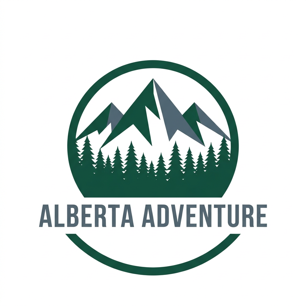 AI Design for A minimalist and modern logo design for Alberta Adventure, featuring a stylized mountain silhouette integrated with a pine forest. Use a clean, professional color palette of deep evergreen, slate grey, and crisp white to evoke a sense of rugged exploration. The vector-style graphic should be balanced, symmetrical, and scalable, set against a solid background for maximum impact.