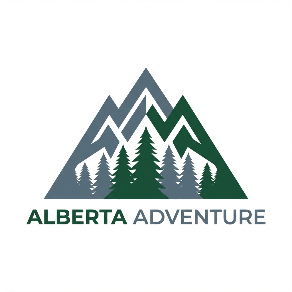 AI Design for A minimalist and modern logo design for Alberta Adventure, featuring a stylized mountain silhouette integrated with a pine forest. Use a clean, professional color palette of deep evergreen, slate grey, and crisp white to evoke a sense of rugged exploration. The vector-style graphic should be balanced, symmetrical, and scalable, set against a solid background for maximum impact.