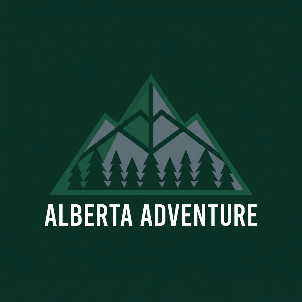 AI Design for A minimalist and modern logo design for Alberta Adventure, featuring a stylized mountain silhouette integrated with a pine forest. Use a clean, professional color palette of deep evergreen, slate grey, and crisp white to evoke a sense of rugged exploration. The vector-style graphic should be balanced, symmetrical, and scalable, set against a solid background for maximum impact.