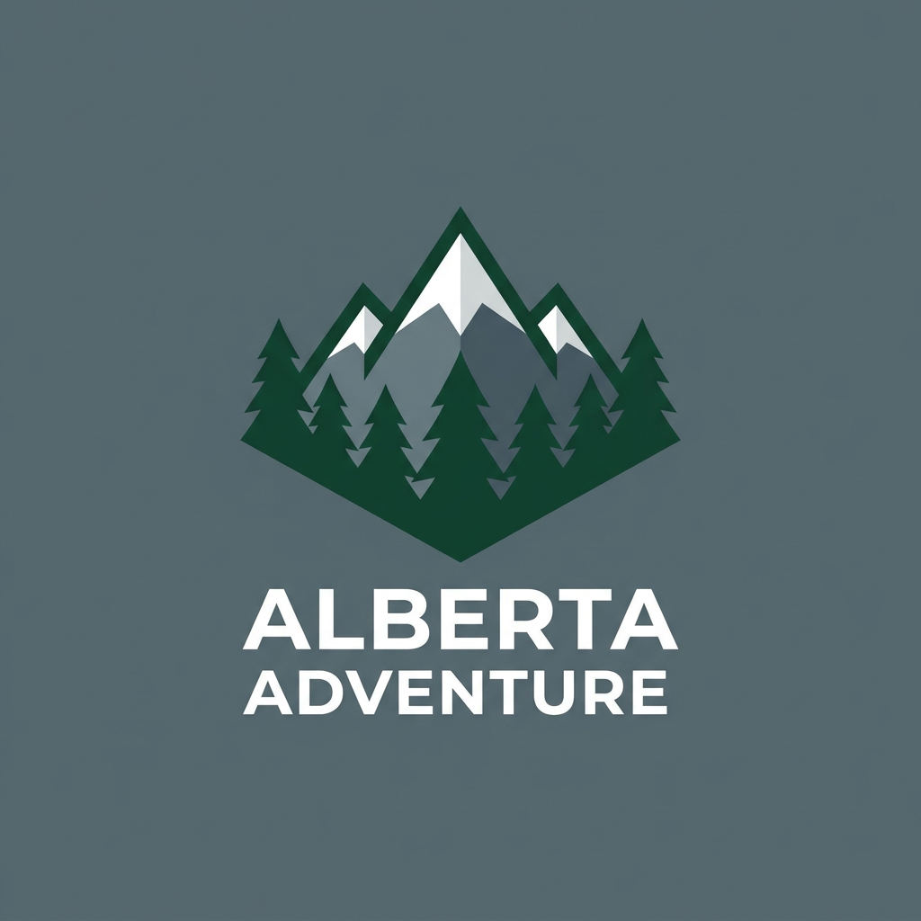 AI Design for A minimalist and modern logo design for Alberta Adventure, featuring a stylized mountain silhouette integrated with a pine forest. Use a clean, professional color palette of deep evergreen, slate grey, and crisp white to evoke a sense of rugged exploration. The vector-style graphic should be balanced, symmetrical, and scalable, set against a solid background for maximum impact.
