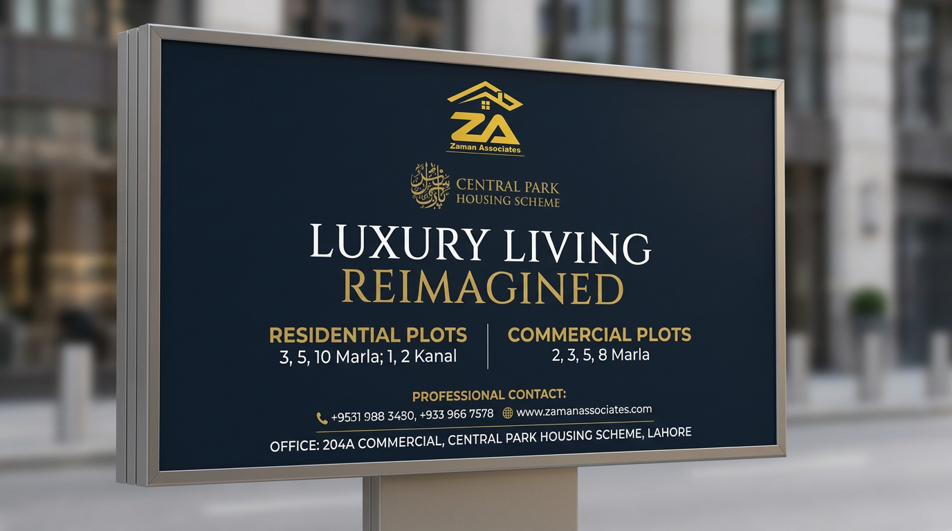 AI Design for A high-end, professional real estate advertisement billboard for a luxury housing scheme. The design features a clean, modern aesthetic with a sophisticated color palette of gold, deep navy, and crisp white, showcasing elegant typography for the listing of residential plots (3, 5, 10 Marla; 1, 2 Kanal) and commercial plots (2, 3, 5, 8 Marla). The layout includes a professional contact section and a clear address for the office location at 204A Commercial, Central Park Housing Scheme, Lahore, presented with a realistic, premium vinyl flex texture and soft studio lighting.