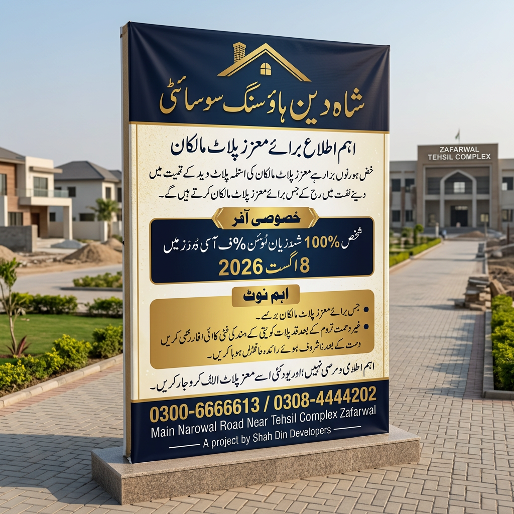 AI Design for اہم اطلاع برائے معزز پلاٹ مالکان) شاه دین ہاؤسنگ سوسائٹی کی نئی انتظامیہ کی جانب سے تمام معزز پلاٹ مالکان کو مطلع کیا جاتا ہے کہ سوسائٹی میں ترقیاتی کام تیزی سے جاری ہیں اور انہیں بروقت مکمل کرنے کے لیے تمام ممبران کا تعاون ضروری ہے۔ اگر آپ نے سابقہ انتظامیہ سے پلاٹ خریدا تھا اور ابھی تک ڈیویلپمنٹ چارجز ادا نہیں کیے، تو آپ کے لیے خصوصی رعایت کا اعلان کیا جاتا ہے۔ خصوصی آفر 8 اگست 2026 تک مکمل ڈیویلپمنٹ چارجز ادا کرنے والے ممبران کو ایک لاکھ روپے کی خصوصی رعایت دی جائے گی۔ اہم نوٹ یہ رعایت صرف 8 اگست 2026 تک مؤثر ہے۔ مقررہ تاریخ کے بعد مکمل ڈیویلپمنٹ چارجز وصول کیے جائیں گے۔ جن ممبران کے ڈیویلپمنٹ چارجز ادا نہیں ہوں گے، ان کے پلاٹ پر تعمیرات کی اجازت سوسائٹی کے قواعد و ضوابط کے مطابق نہیں دی جائے گی۔ اپنے پلاٹ کی قدر میں اضافے اور سوسائٹی کی تیز رفتار ترقی میں اپنا کردار ادا کریں۔ 0300-6666613 / 0308-4444202 Main Narowal Road Near Tehsil Complex Zafarwal ) use this this information and logo creat a flex design use this information and create a flex design luxury design
