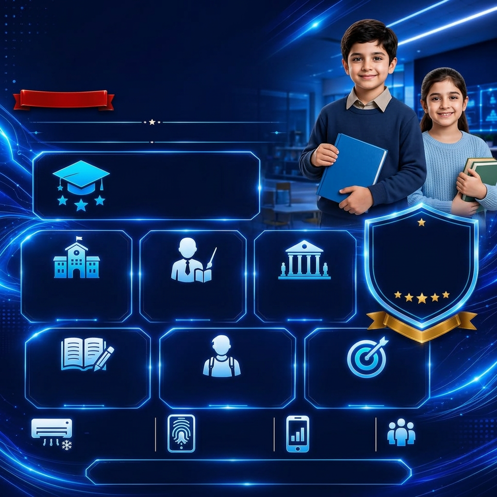 AI Design for ✅ Upar ka logo remove ✅ CONCEPT pre academy text remove ✅ Neeche ke sb BOX MAI JO saare icons aur metter hy wo bhe remove BAKI JO UNK SIDE PER BOX HY WO RAHY GY ✅ Neeche ka saara text remove ✅ Air condition , bio matric , 24/7 live report , monthly ptm aur ink icon romove aur is k nichy box hy wo rahy ga usk metter remove
✅ Background aur overall design bilkul same rahega
✅ Bacho ne jo swetter aur tie phani hy usy khatm kar do
✅ 4K Ultra HD (3840×2160), print-ready, high quality