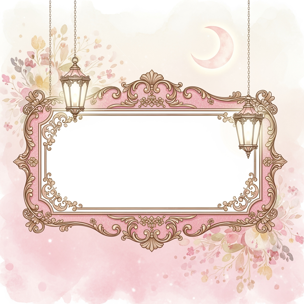 AI Design for A beautifully illustrated digital painting of a blank, ornate frame with a soft, pastel pink and gold color scheme. The frame is adorned with intricate gold details and features two lanterns hanging from the top corners, one on each side. The background is a delicate, watercolor-style gradient of pink hues with floral elements and a crescent moon on the right side. The overall style is whimsical and romantic, evoking a sense of elegance and grace.