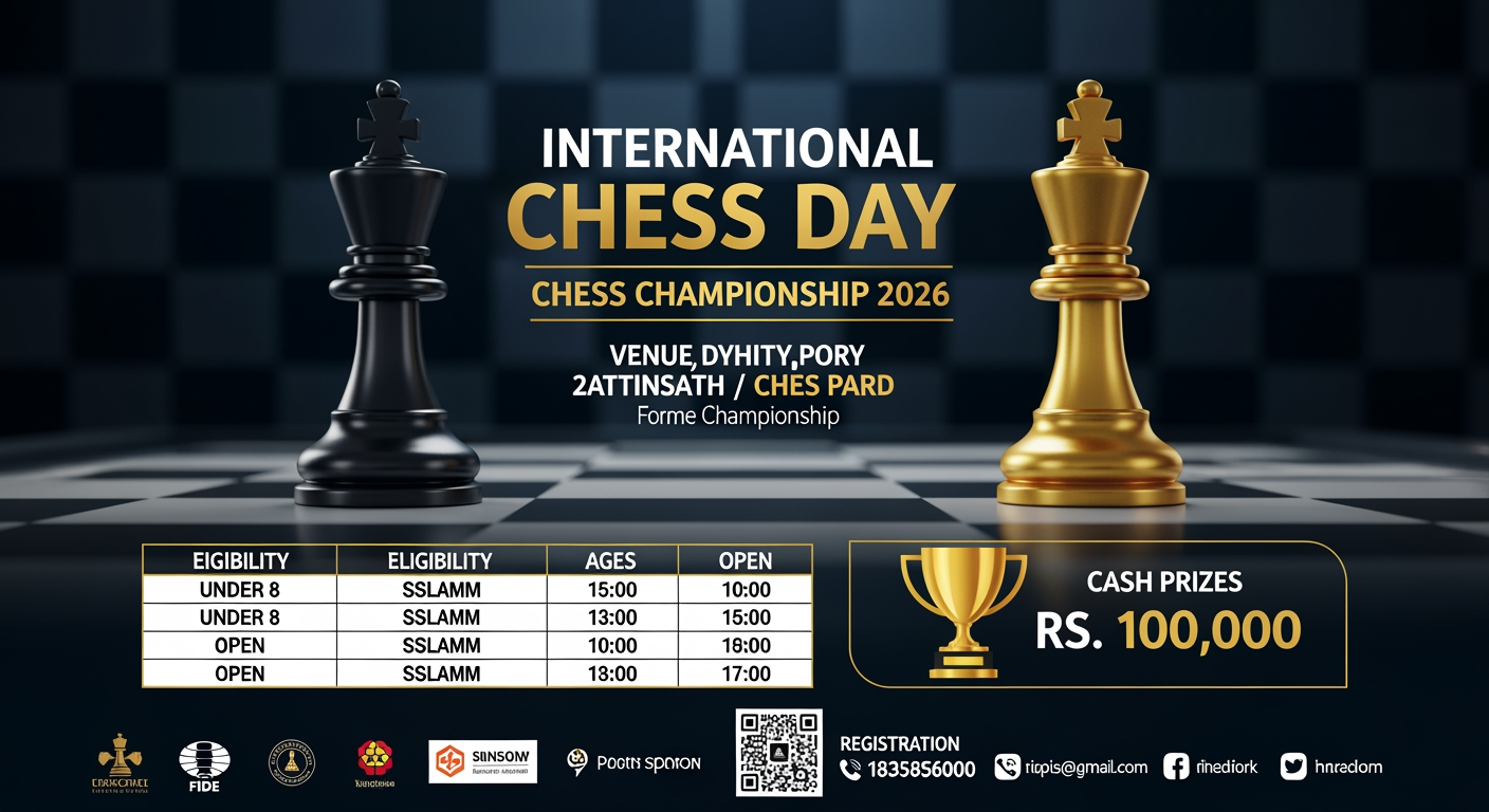 AI Design for A professionally designed digital event poster for an "International Chess Day Chess Championship 2026." The overall composition is vertical, featuring a sleek, dark navy blue and gold color scheme with a subtle checkered pattern background. At the top center, the event title "INTERNATIONAL CHESS DAY" appears in bold, elegant typography, flanked by a black king chess piece on the left and a gold king chess piece on the right. Below the title, the poster is organized into structured sections using clean boxes and icons: a date and venue section, a tournament format panel, and an eligibility table categorizing age groups from Under 8 to Open. To the right, a prominent gold trophy icon highlights cash prizes of "RS. 100,000." The design incorporates various logos, a QR code for registration, contact information, and social media links. The lighting is polished and high-contrast, emphasizing the metallic textures of the chess pieces and the gold accents, creating a serious, competitive, and sophisticated atmosphere suitable for a FIDE-rated sporting event.