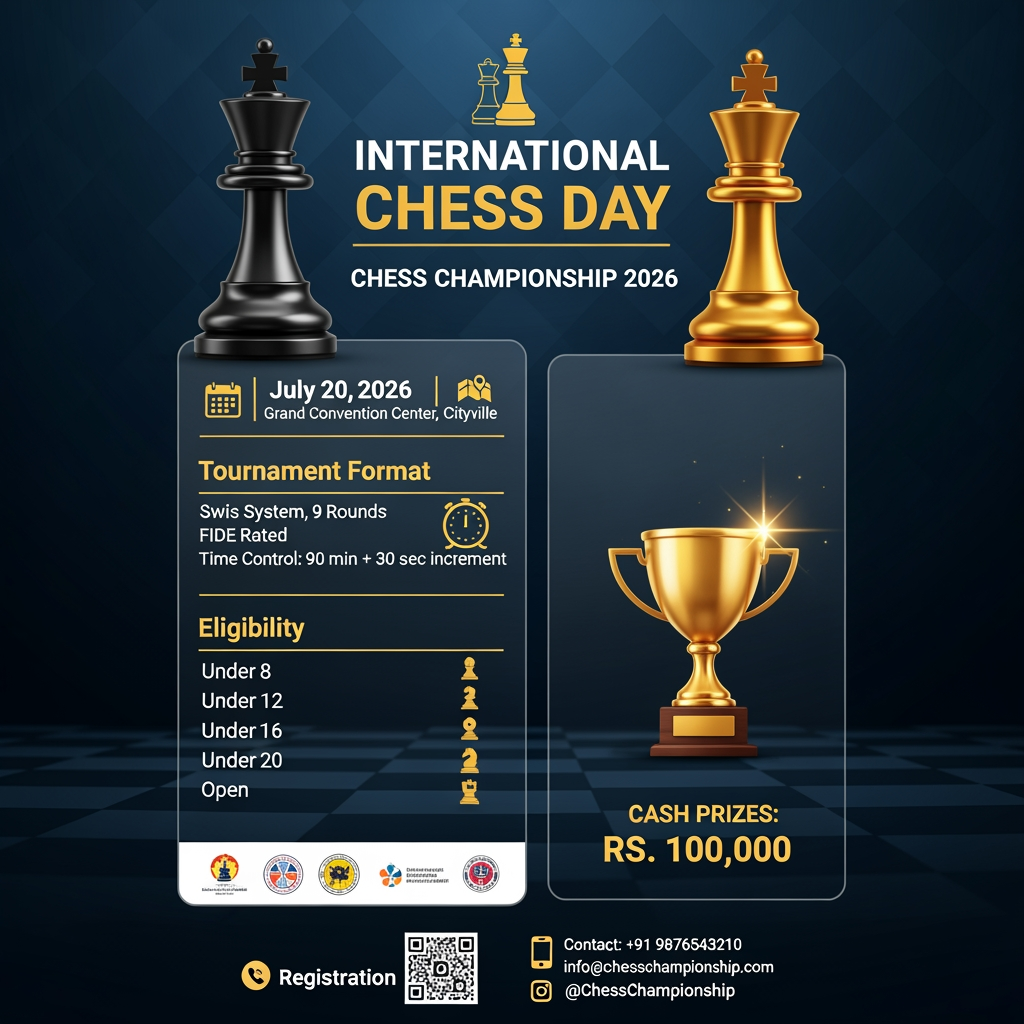 AI Design for A professionally designed digital event poster for an "International Chess Day Chess Championship 2026." The overall composition is vertical, featuring a sleek, dark navy blue and gold color scheme with a subtle checkered pattern background. At the top center, the event title "INTERNATIONAL CHESS DAY" appears in bold, elegant typography, flanked by a black king chess piece on the left and a gold king chess piece on the right. Below the title, the poster is organized into structured sections using clean boxes and icons: a date and venue section, a tournament format panel, and an eligibility table categorizing age groups from Under 8 to Open. To the right, a prominent gold trophy icon highlights cash prizes of "RS. 100,000." The design incorporates various logos, a QR code for registration, contact information, and social media links. The lighting is polished and high-contrast, emphasizing the metallic textures of the chess pieces and the gold accents, creating a serious, competitive, and sophisticated atmosphere suitable for a FIDE-rated sporting event.