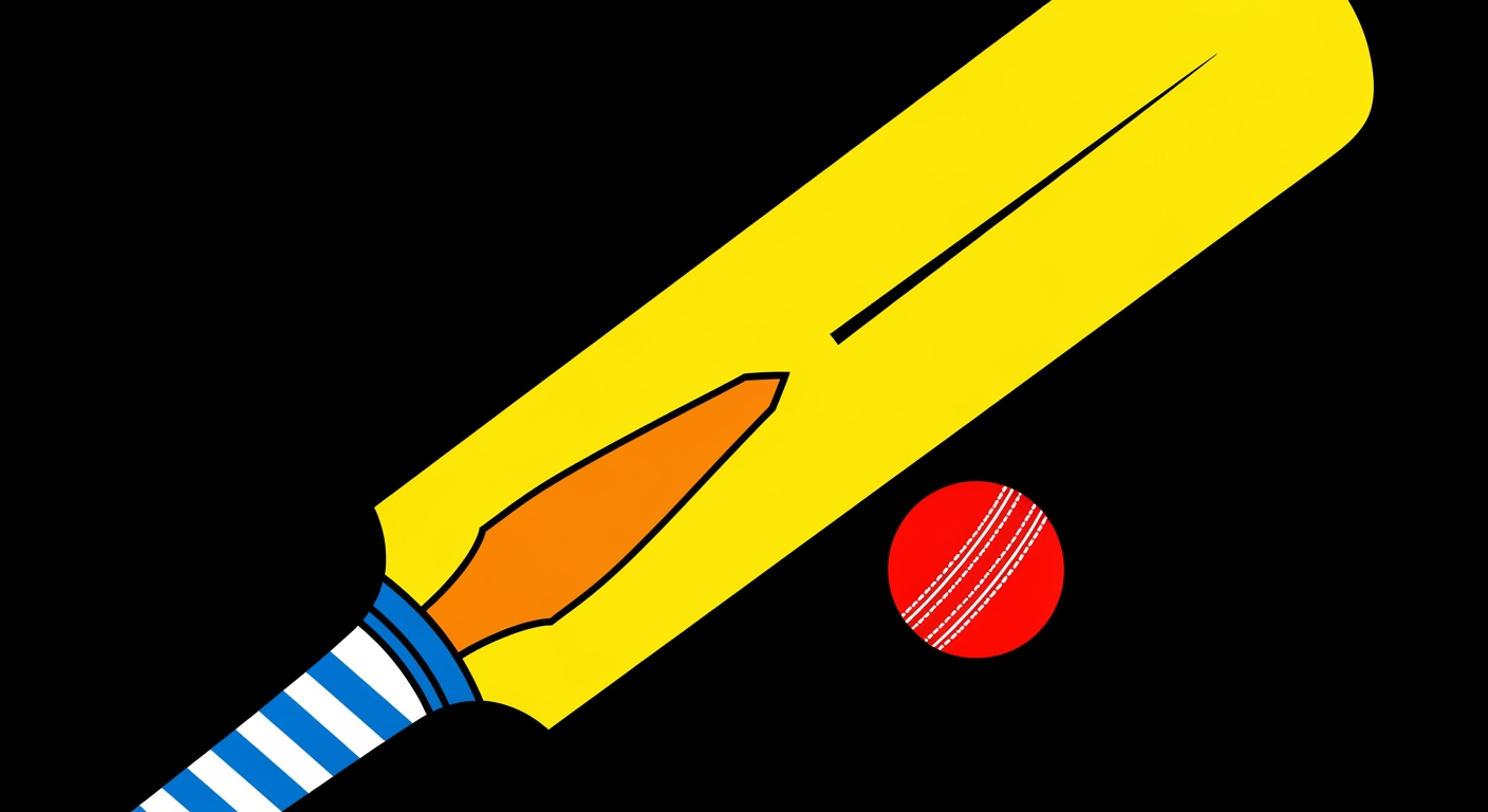 AI Design for A vibrant, stylized illustration of a cricket bat and ball against a solid black background. The bat is bright yellow with a blue and white striped handle, and a distinct orange crease. The ball is red with white stripes. The image is simplistic and cartoonish, with bold, flat colors and clean lines. The style is reminiscent of mid-20th century children's book illustrations. The bat is positioned diagonally, leaning towards the bottom right corner, with the ball resting near its tip.