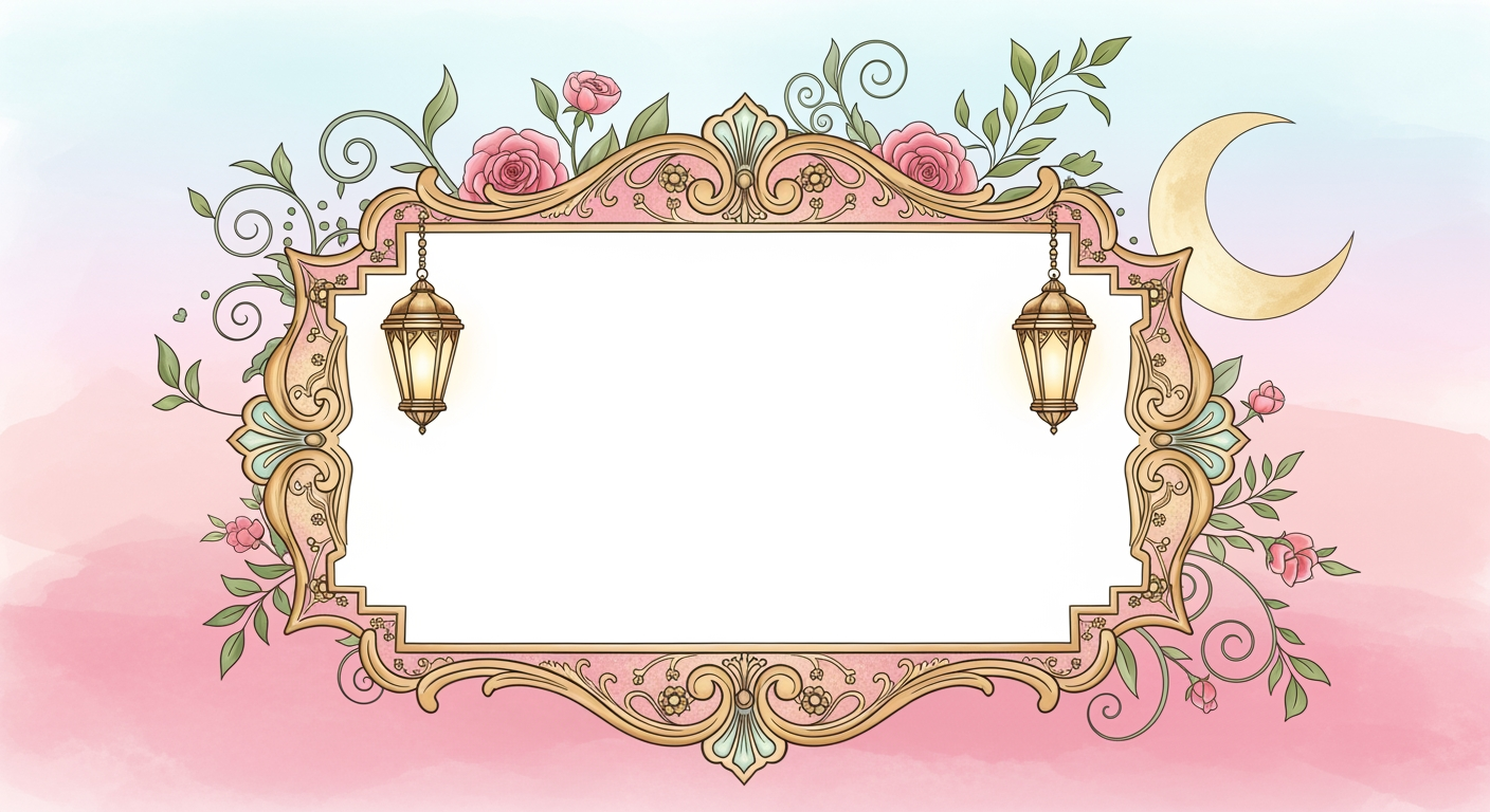 AI Design for A beautifully illustrated digital painting of a blank, ornate frame with a soft, pastel pink and gold color scheme. The frame is adorned with intricate gold details and features two lanterns hanging from the top corners, one on each side. The background is a delicate, watercolor-style gradient of pink hues with floral elements and a crescent moon on the right side. The overall style is whimsical and romantic, evoking a sense of elegance and grace.