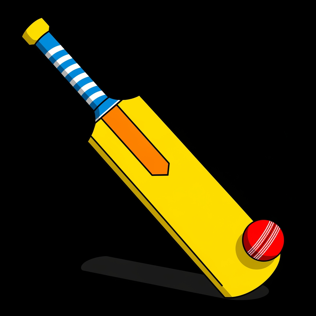 AI Design for A vibrant, stylized illustration of a cricket bat and ball against a solid black background. The bat is bright yellow with a blue and white striped handle, and a distinct orange crease. The ball is red with white stripes. The image is simplistic and cartoonish, with bold, flat colors and clean lines. The style is reminiscent of mid-20th century children's book illustrations. The bat is positioned diagonally, leaning towards the bottom right corner, with the ball resting near its tip.