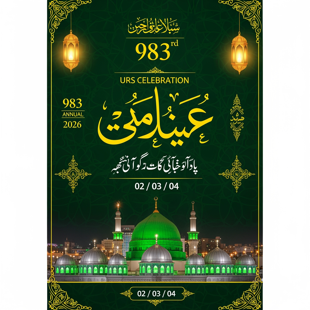 AI Design for A vertical graphic design poster commemorating a 983rd annual Urs celebration, centered around an architectural depiction of a sacred Islamic shrine. The shrine, positioned in the lower-middle frame, features a prominent central dome illuminated in emerald green, surrounded by smaller, glowing silver-domed structures, all set against a night cityscape backdrop. The background is a rich, deep forest green with subtle, ornate ornamental patterns. Flanking the upper section are two traditional glowing golden lanterns suspended against the dark sky. Bold, elegant yellow Urdu calligraphy dominates the upper and lower portions of the frame, framed by intricate, vintage-style golden borders and decorative flourishes. Text elements include the number "983," the year "2026," and dates "02 / 03 / 04." The composition is balanced and formal, utilizing a regal color palette of gold, emerald green, and dark night tones, evoking a celebratory, spiritual, and reverent atmosphere. The overall style is professional, high-resolution digital art designed for religious announcements.