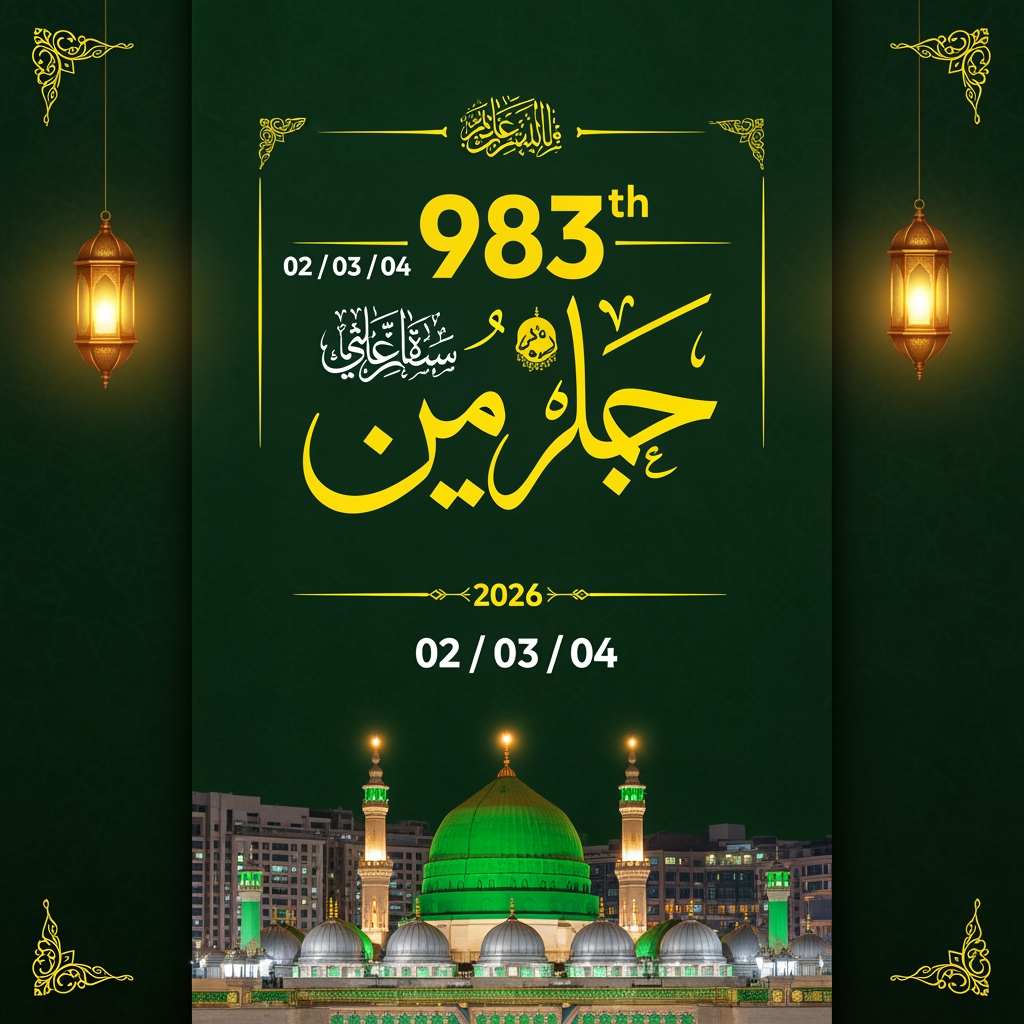 AI Design for A vertical graphic design poster commemorating a 983rd annual Urs celebration, centered around an architectural depiction of a sacred Islamic shrine. The shrine, positioned in the lower-middle frame, features a prominent central dome illuminated in emerald green, surrounded by smaller, glowing silver-domed structures, all set against a night cityscape backdrop. The background is a rich, deep forest green with subtle, ornate ornamental patterns. Flanking the upper section are two traditional glowing golden lanterns suspended against the dark sky. Bold, elegant yellow Urdu calligraphy dominates the upper and lower portions of the frame, framed by intricate, vintage-style golden borders and decorative flourishes. Text elements include the number "983," the year "2026," and dates "02 / 03 / 04." The composition is balanced and formal, utilizing a regal color palette of gold, emerald green, and dark night tones, evoking a celebratory, spiritual, and reverent atmosphere. The overall style is professional, high-resolution digital art designed for religious announcements.