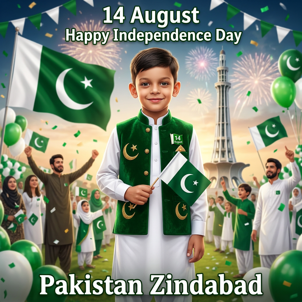 AI Design for Your 14 August Independence Day post is ready!
The design features:
The child dressed in traditional Pakistani attire (green waistcoat with white shalwar kameez)
Pakistani flags and crescent-star symbols throughout
Festive green and white color scheme
Fireworks and celebratory atmosphere
Elegant typography with "14 August Happy Independence Day" and "Pakistan Zindabad"
Minar-e-Pakistan visible in the background
The image is in 9:16 format, perfect for Instagram Stories, WhatsApp Status, or other social media posts.