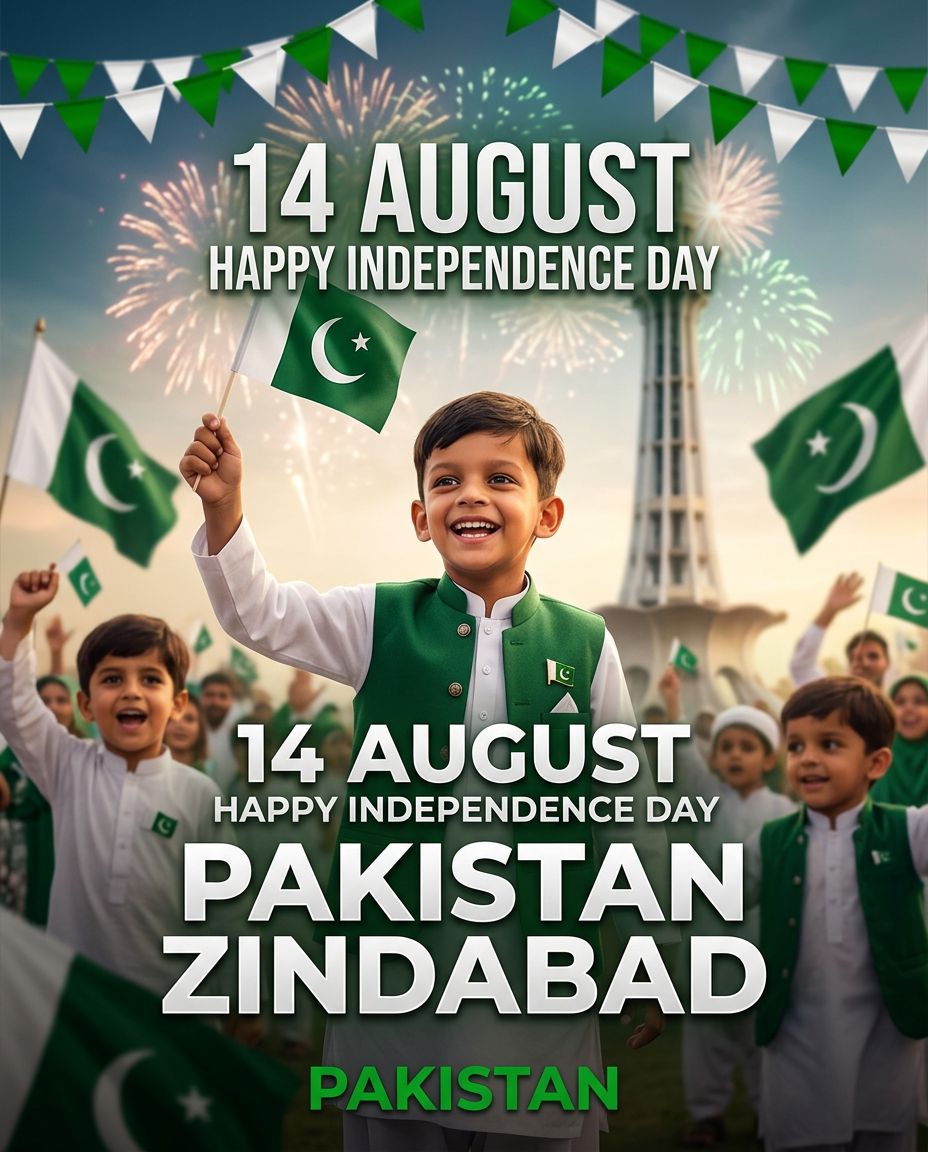 AI Design for Your 14 August Independence Day post is ready!
The design features:
The child dressed in traditional Pakistani attire (green waistcoat with white shalwar kameez)
Pakistani flags and crescent-star symbols throughout
Festive green and white color scheme
Fireworks and celebratory atmosphere
Elegant typography with "14 August Happy Independence Day" and "Pakistan Zindabad"
Minar-e-Pakistan visible in the background
The image is in 9:16 format, perfect for Instagram Stories, WhatsApp Status, or other social media posts.