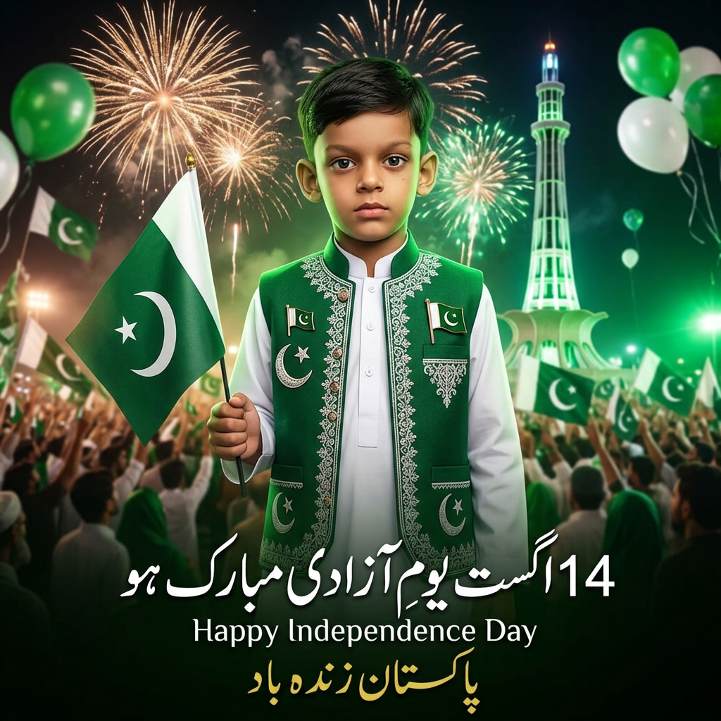AI Design for Your 14 August Independence Day post is ready!
The design features:
The child dressed in traditional Pakistani attire (green waistcoat with white shalwar kameez)
Pakistani flags and crescent-star symbols throughout
Festive green and white color scheme
Fireworks and celebratory atmosphere
Elegant typography with "14 August Happy Independence Day" and "Pakistan Zindabad"
Minar-e-Pakistan visible in the background
The image is in 9:16 format, perfect for Instagram Stories, WhatsApp Status, or other social media posts.