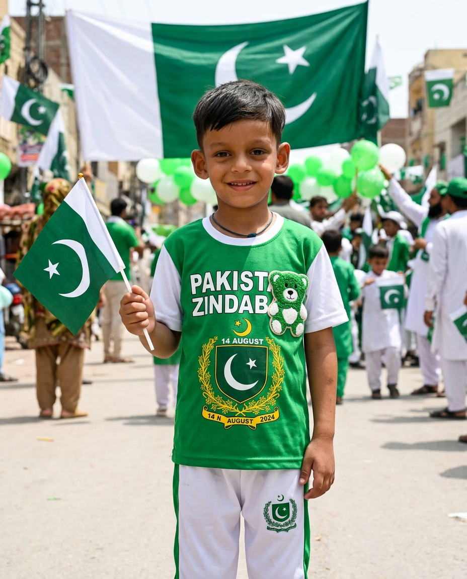 AI Design for use this image and create 14 august post change dress like white and green