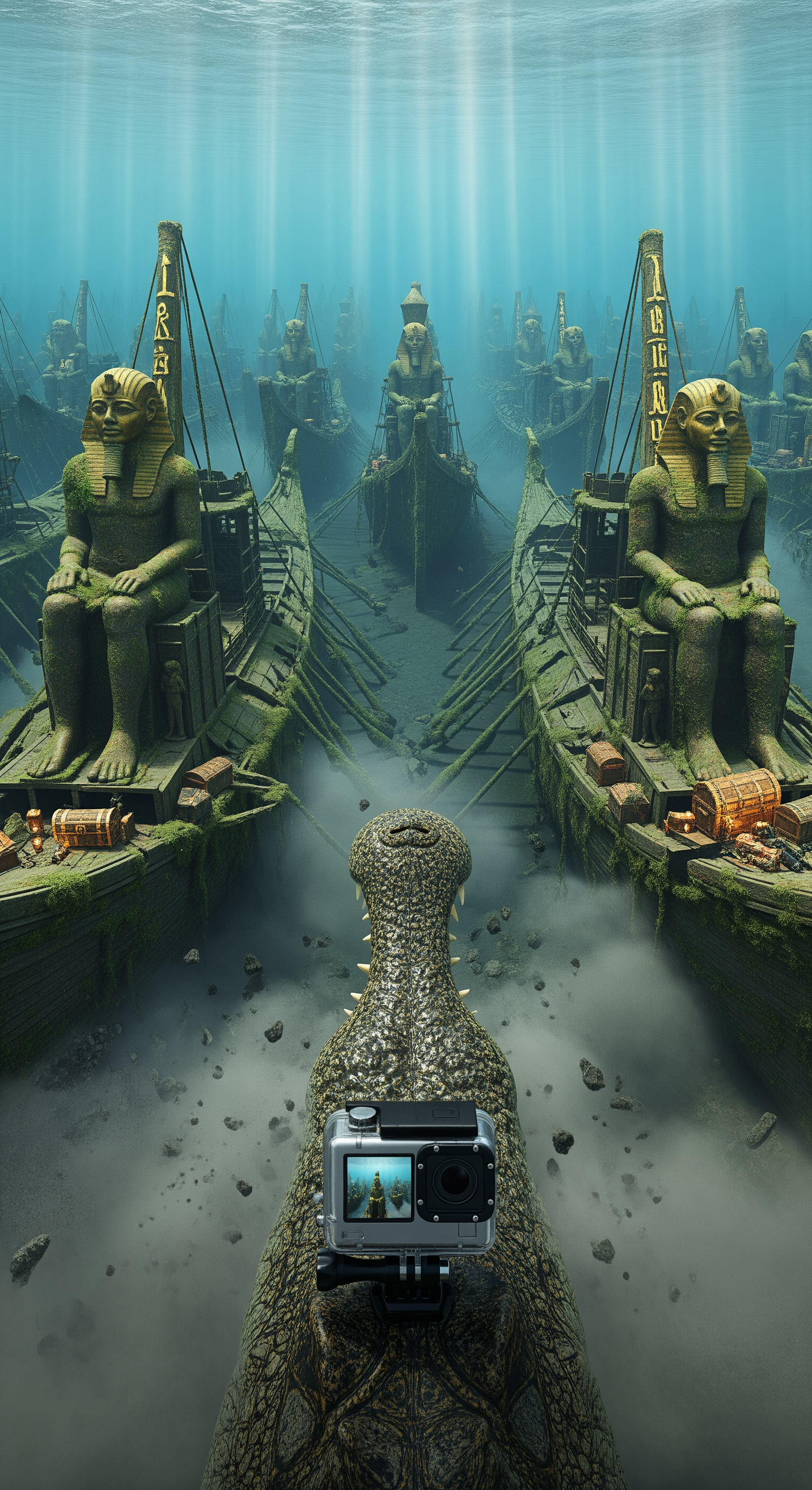 AI Design for First-person crocodile GoPro perspective, emerging from a cloud of river sediment to reveal an enormous hidden fleet of ancient Egyptian warships resting on the riverbed, dozens of massive wooden vessels preserved in darkness, golden decorations glinting through centuries of algae growth, colossal carved pharaoh statues mounted on ship prows, treasure-filled cargo chambers visible through broken hulls, dramatic volumetric light rays illuminating the fleet, realistic underwater physics, cinematic wide reveal shot, awe-inspiring scale, intense documentary-style discovery moment.
