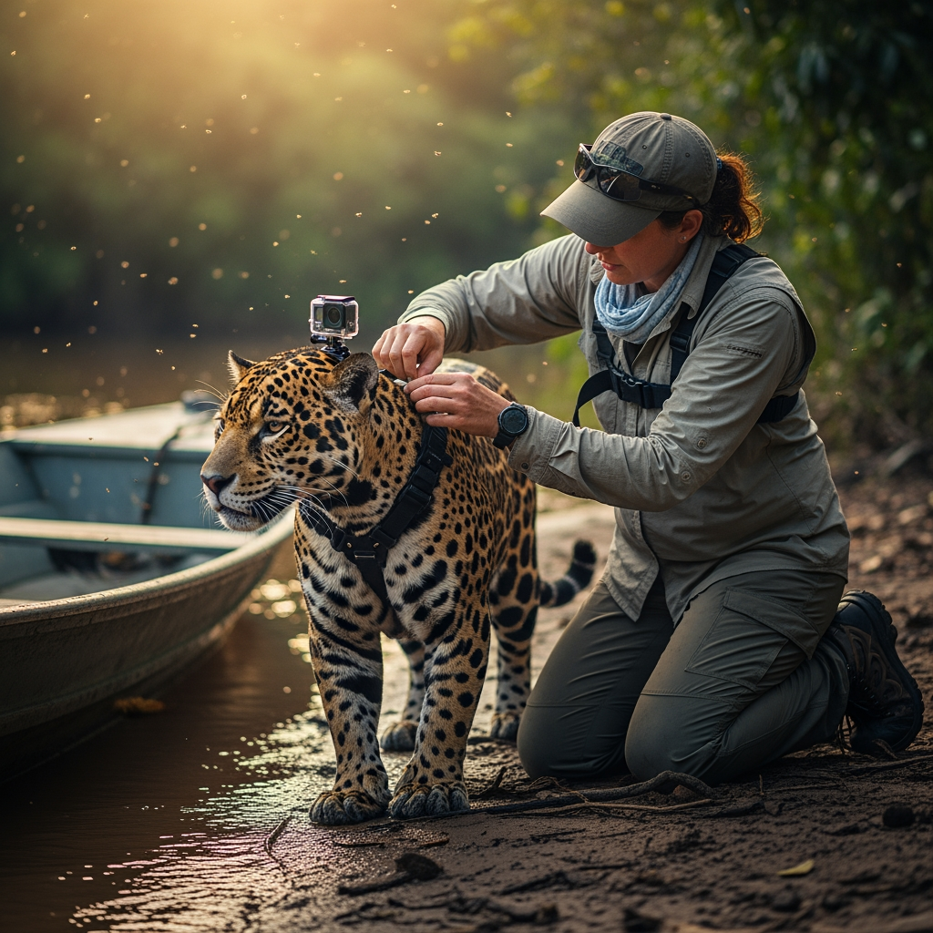 AI Design for Ultra-realistic cinematic wildlife documentary footage. A wildlife researcher kneels on a muddy Amazon riverbank beside a narrow research boat at sunrise. Close-up of rough hands carefully attaching a small body-mounted action camera harness onto the neck and shoulders of a powerful jaguar. Natural handheld camera movement captures every detail: wet fur glistening with river mist, buckles tightening, researcher breathing heavily, insects buzzing, distant howler monkeys echoing through the jungle. The jaguar shifts its weight nervously, muscles rippling beneath spotted fur. Water gently laps against the boat. Volumetric morning light filters through dense rainforest canopy. Extreme close-ups of the camera locking into place. The researcher steps back and releases the jaguar. The animal sprints into dense vegetation as leaves whip past the lens. Realistic physics, dynamic shadows, immersive ambient soundscape, cinematic depth of field, nature documentary realism, 4K wildlife cinematography.