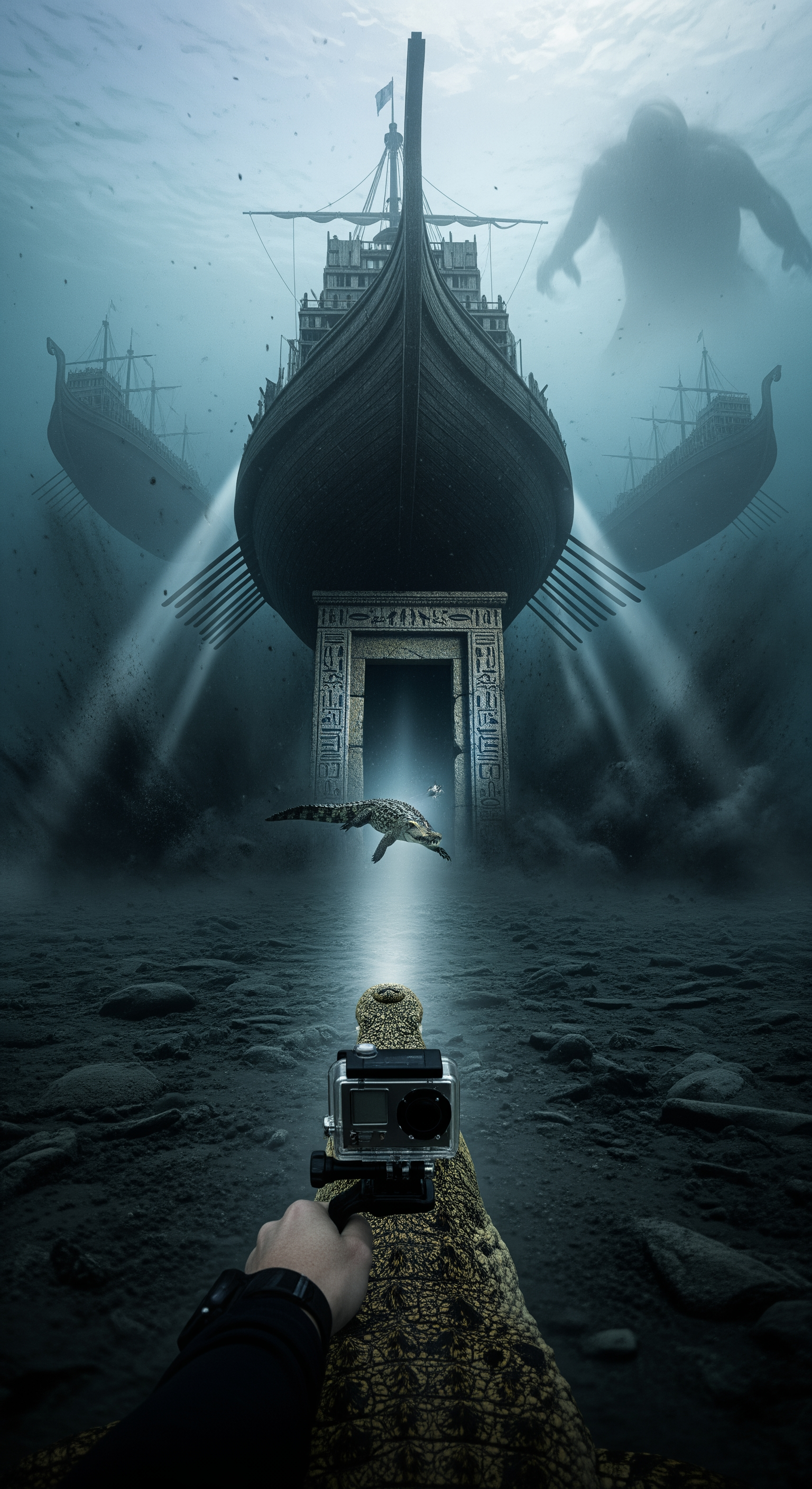 AI Design for First-person crocodile GoPro perspective approaching the largest ship in the fleet, entering a dark opening beneath the flagship, flashlight-like sunlight beams fading behind, a gigantic stone doorway hidden inside the vessel slowly emerging from darkness, ancient hieroglyphs suddenly glowing faintly beneath layers of sediment, the riverbed begins trembling, clouds of silt explode upward, distant metallic groaning echoes through the water, camera shaking violently as a colossal shadow moves behind the fleet, visibility drops to near zero, the crocodile rapidly turns toward the unknown presence, sudden cut to black at the exact moment the shadow lunges forward, extreme suspense, cinematic cliffhanger ending, ultra realistic documentary style.