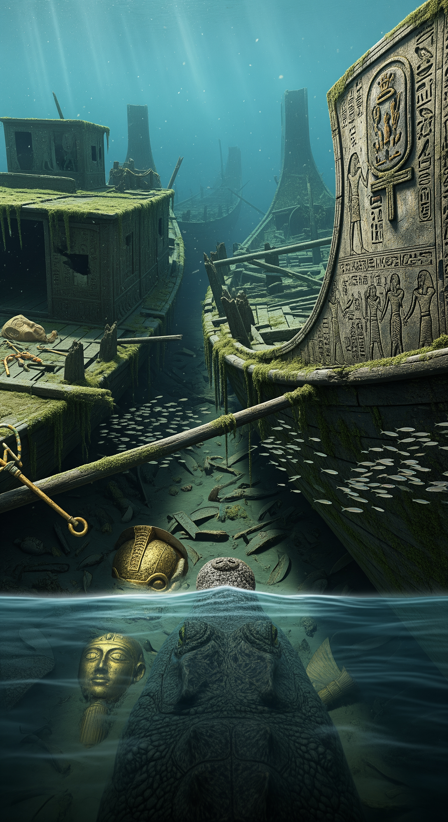 AI Design for First-person crocodile POV gliding between the ancient ships, camera brushing past weathered wooden hulls covered in river growth, detailed hieroglyphics carved into the sides, golden artifacts partially buried beneath mud, broken ceremonial weapons scattered across decks, fish swimming through collapsed cabins, realistic action-cam motion and subtle body sway, close-up inspection of a royal flagship bearing the symbol of a forgotten pharaoh, cinematic shadows and atmospheric lighting, every detail rich with historical mystery and suspense.