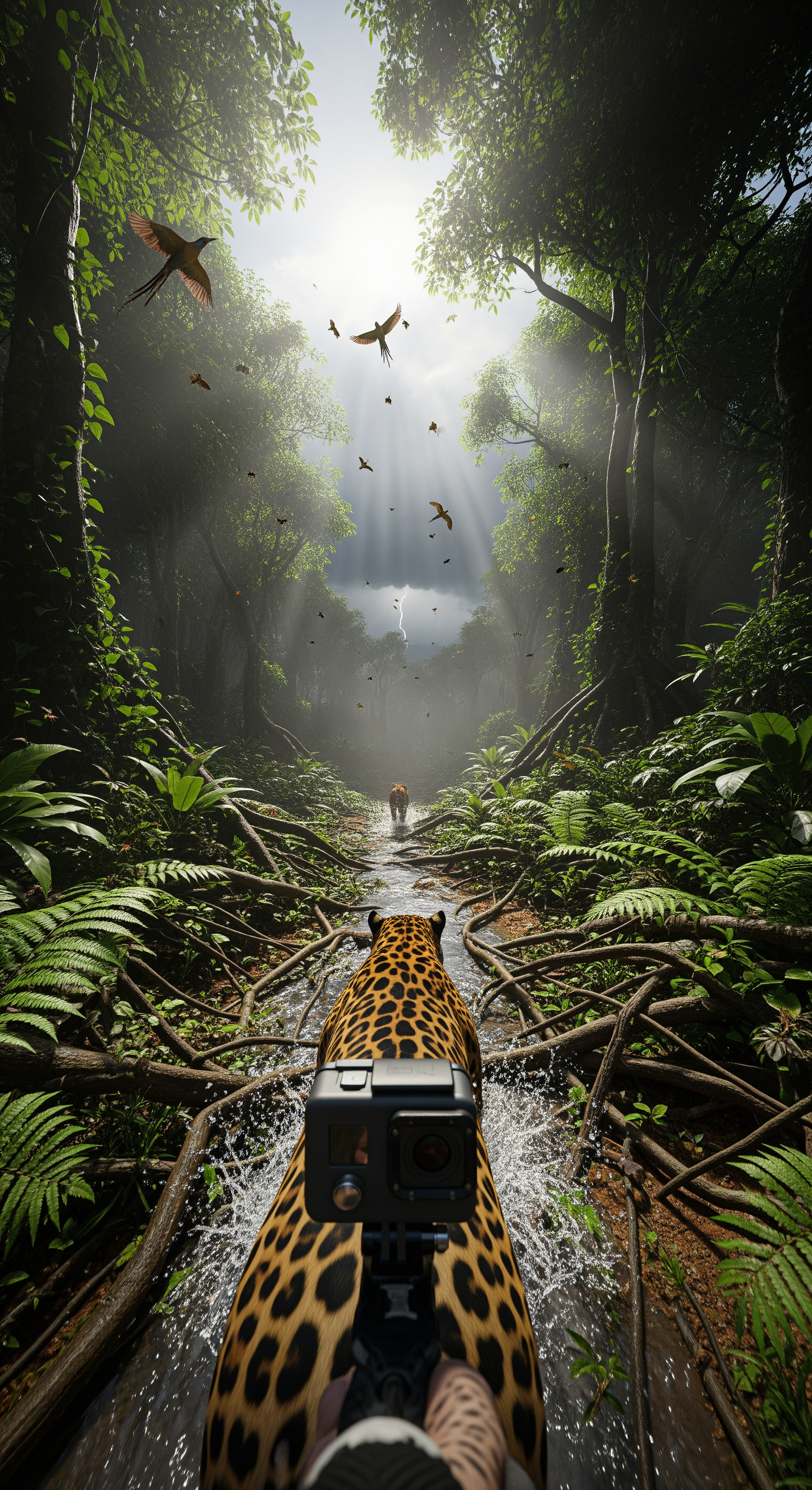 AI Design for Full first-person jaguar GoPro perspective. Wide-angle action camera view racing through dense Amazon rainforest. Powerful strides carry the viewer over tangled roots, muddy trails, and shallow streams. Subtle body-mounted camera sway and realistic head movement create authentic animal motion. Ferns brush against the lens. Insects scatter. Bright shafts of sunlight pierce through thick jungle canopy, creating dramatic volumetric rays. Water droplets splash across the camera during a river crossing. Exotic birds burst from trees overhead. The atmosphere feels ancient and untouched. Dynamic shadows dance across the forest floor while distant thunder rumbles beyond the horizon. Hyper-realistic environmental storytelling, natural physics, immersive suspense building as the jaguar moves deeper into unexplored wilderness.