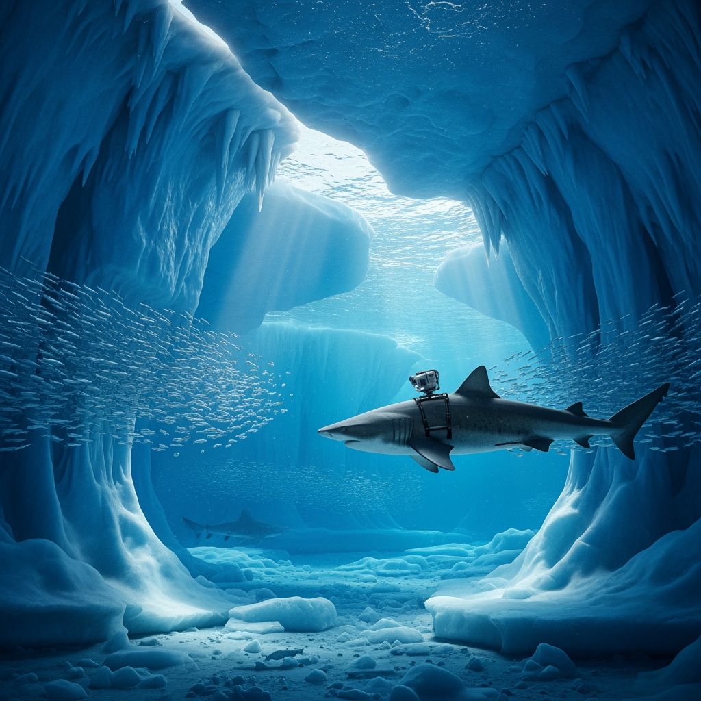 AI Design for Third-person cinematic tracking shot following the shark beneath thick Greenland sea ice. The newly attached camera is visible on its body. Massive blue ice formations hang overhead like frozen cathedrals. The shark glides deeper through crystal-clear Arctic water. Schools of fish scatter naturally. Sunlight filters through cracks in the ice, creating moving shafts of volumetric light. Slow cinematic drone-like underwater movement mixed with realistic underwater currents. Ice groans echo through the environment. Strong sense of scale, realistic aquatic physics, immersive nature documentary style, tension gradually building.